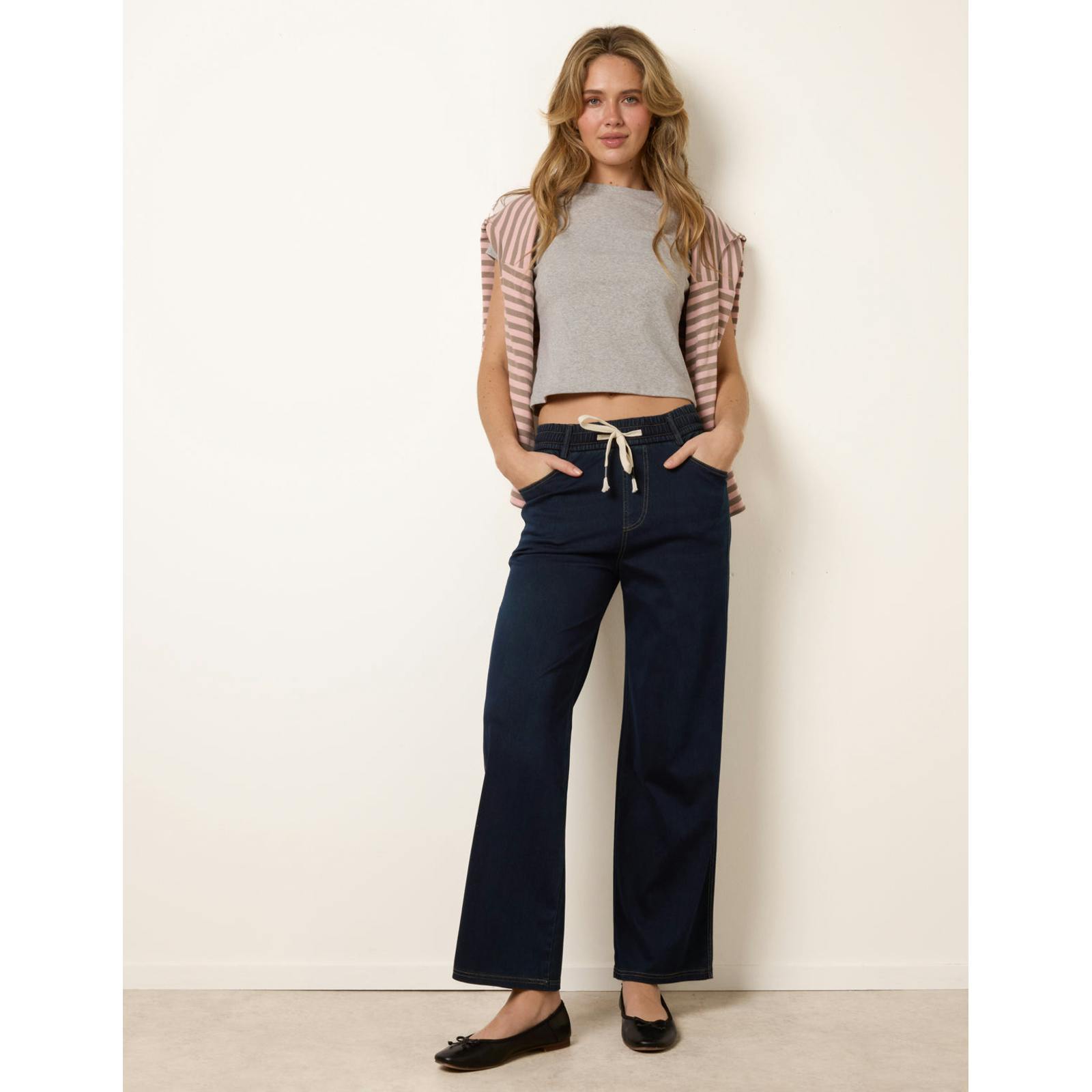 Blue Vanilla Herringbone Tie Up Stretch Trousers - M - Navy