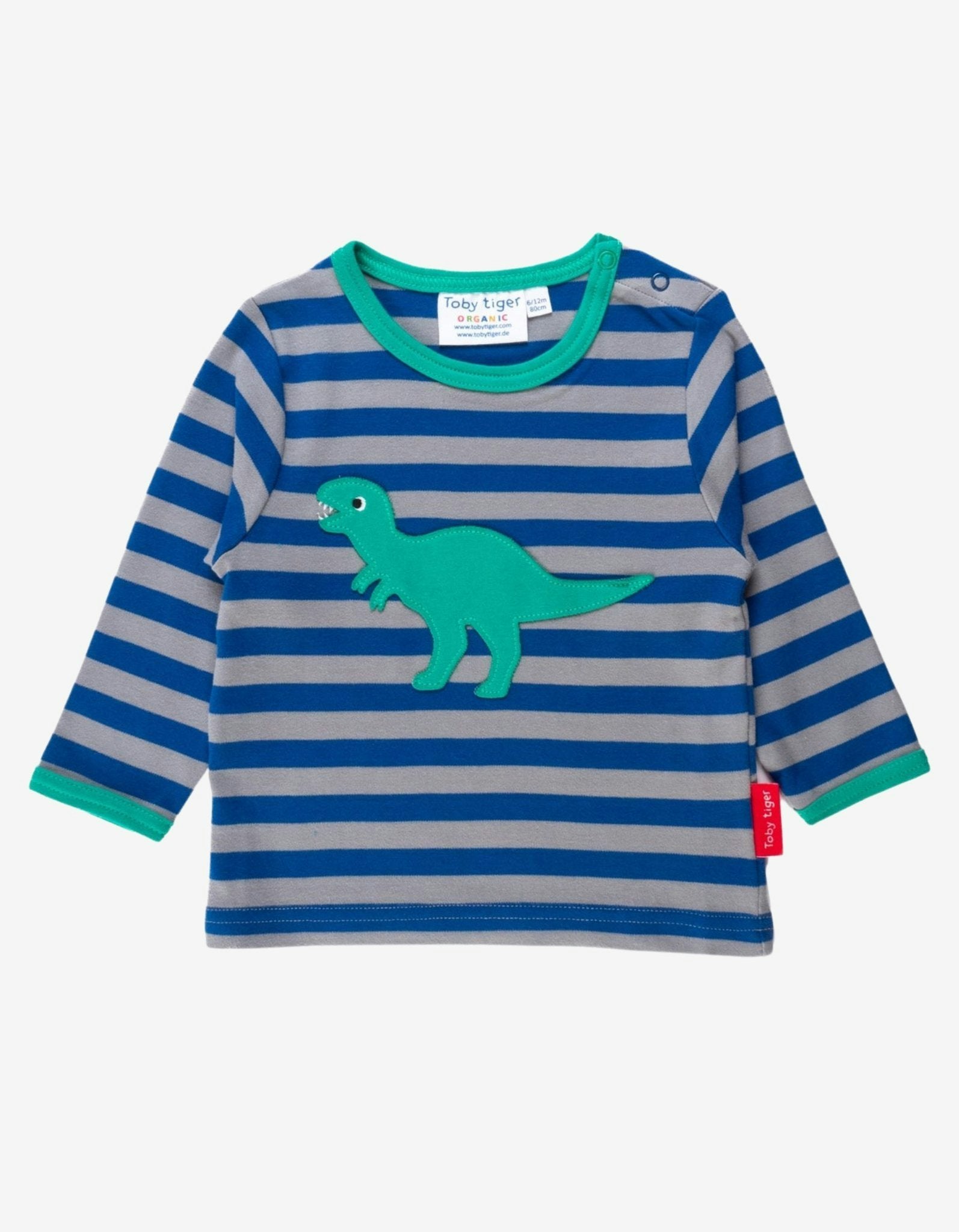 Toby Tiger Organic T-Rex Applique Long-Sleeved T-Shirt - 7-8Y / 128Cm