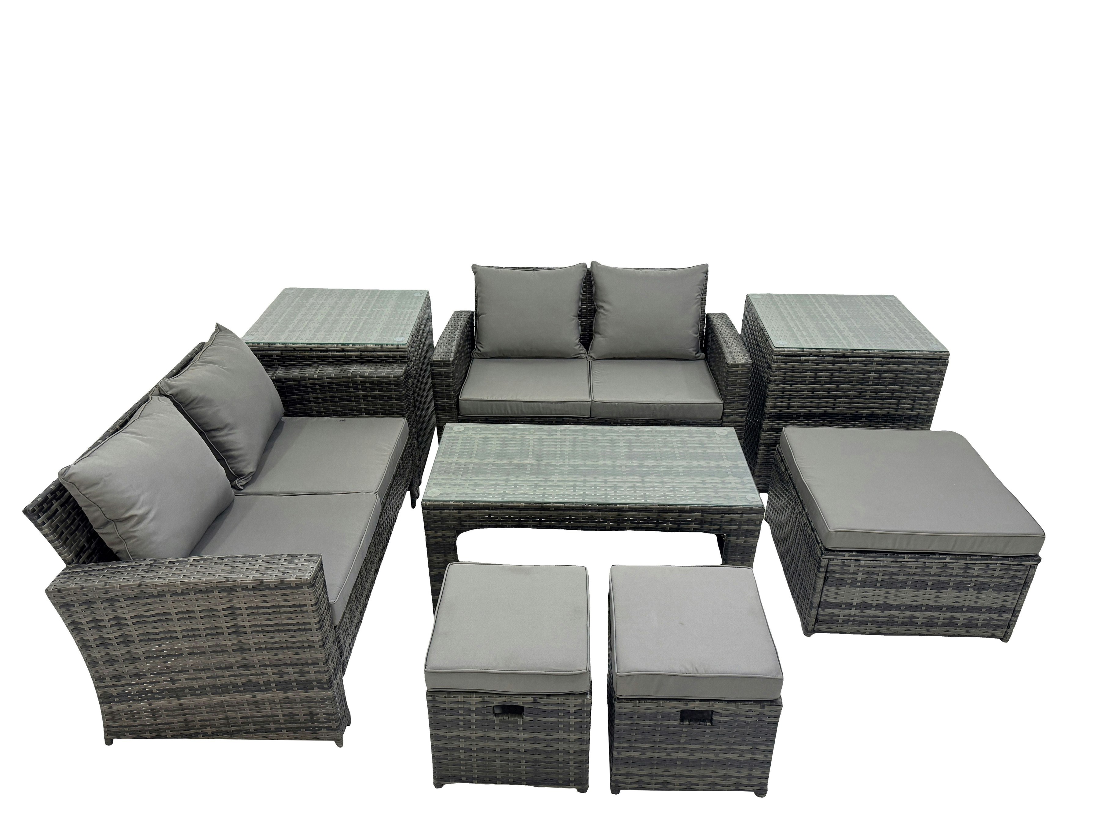 Fimous Dark/Grey Outdoor Love Sofa Set 7 Seat Rattan Garden Furniture Set With Oblong Coffee Table 3 Footstools 2 Side Table Mixed
