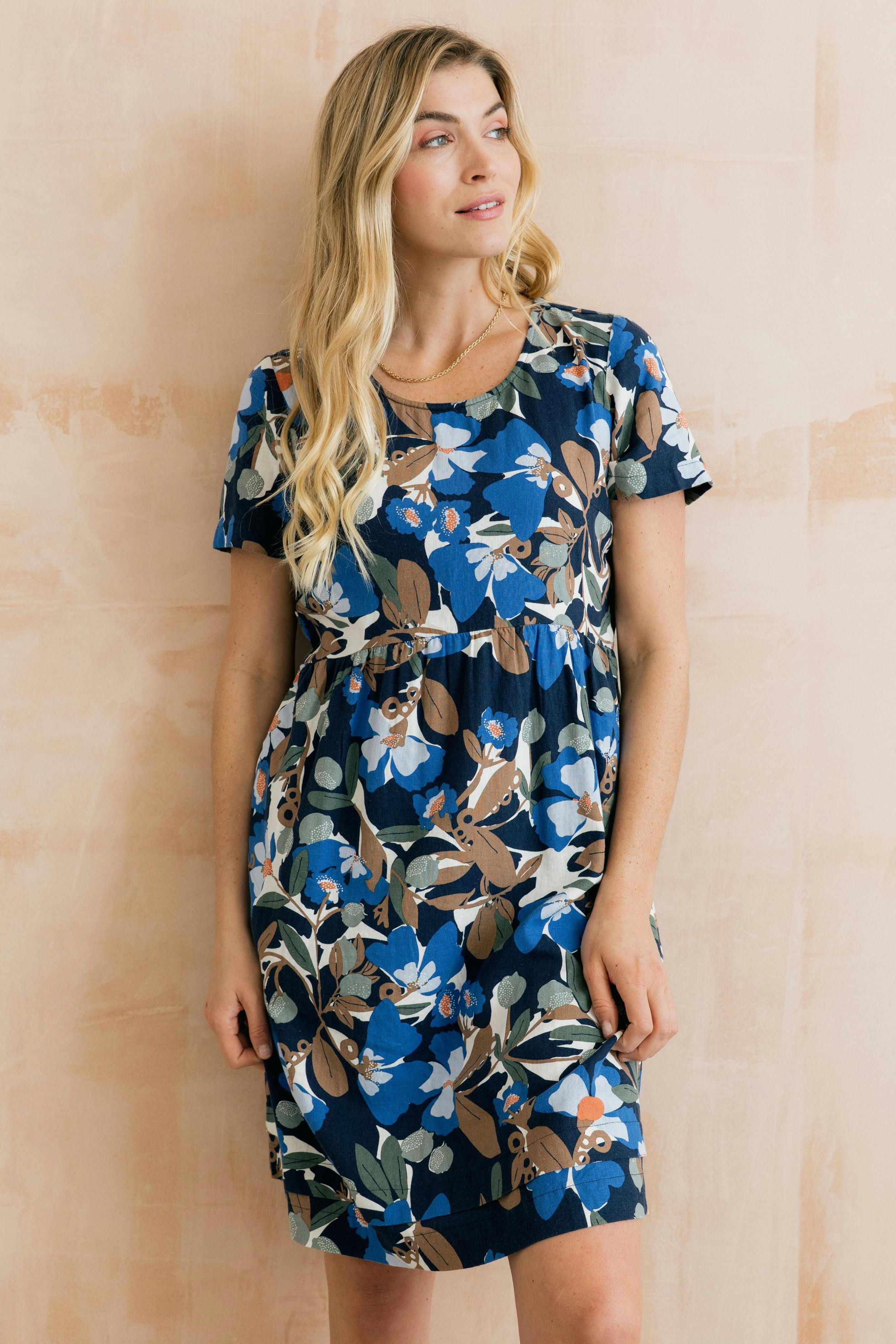 Lily & Me Carnival Linen Blend Printed Dress Navy - Navy - 20