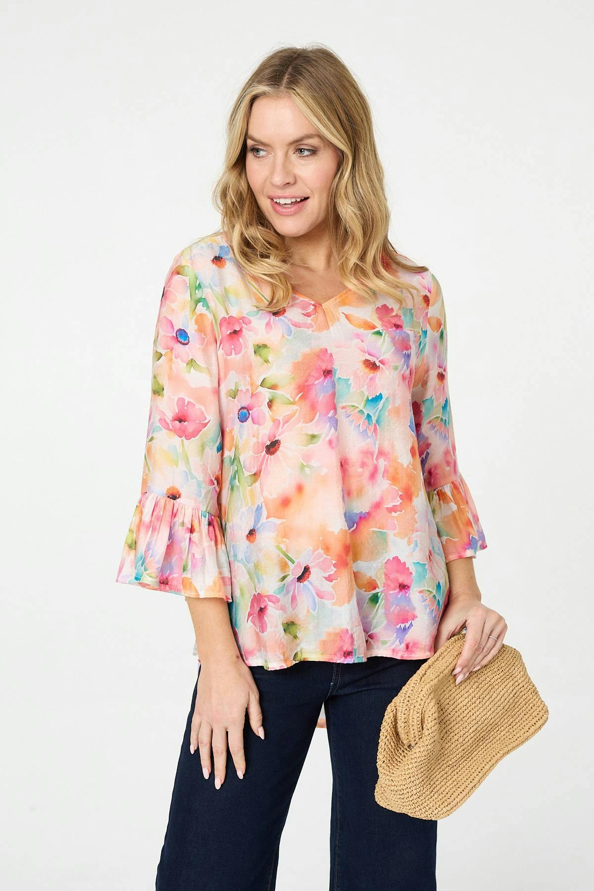Izabel London Pink Floral 3/4 Flare Sleeve Relaxed Blouse - 12