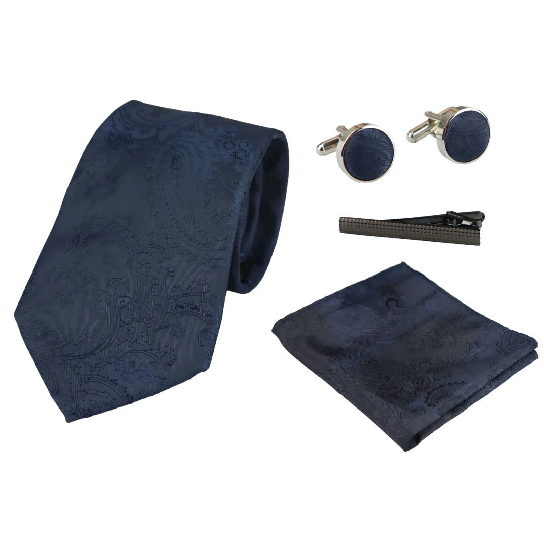 Paul Andrew Paisley Neck Tie Gift Set Pocket Square Cuff Links Floral Satin - Navy