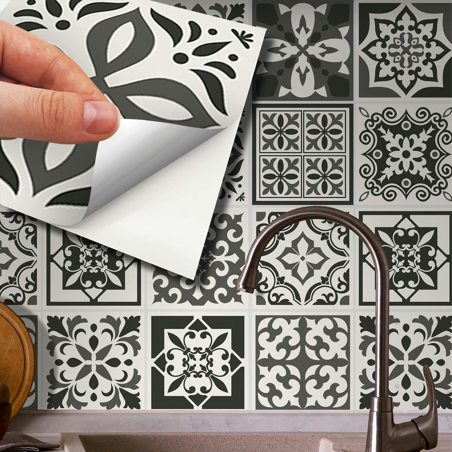 B&Q -   Ethor Dark Grey Mediterranean Peel And Stick Wall Tiles Sticker Adhesive Stick On Tiles For Backsplash 24 Pcs 15X15Cm - Image 3