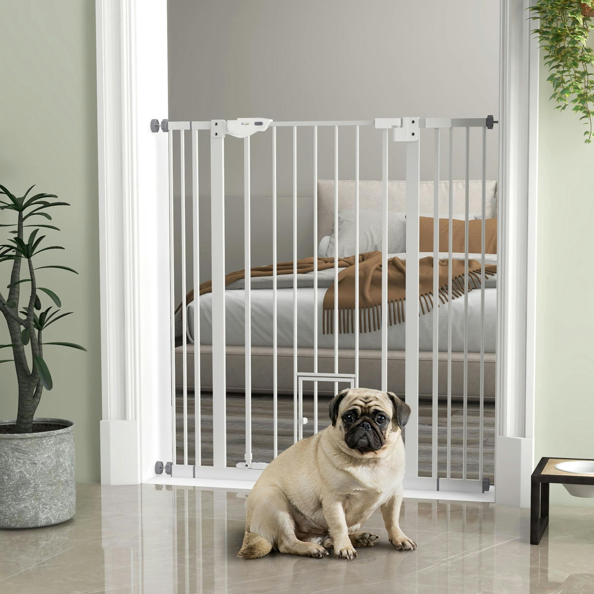 Pawhut White Extra Tall Dog Gate With Cat Door Auto Close - 101 X 3.5 X 104.1 Cm