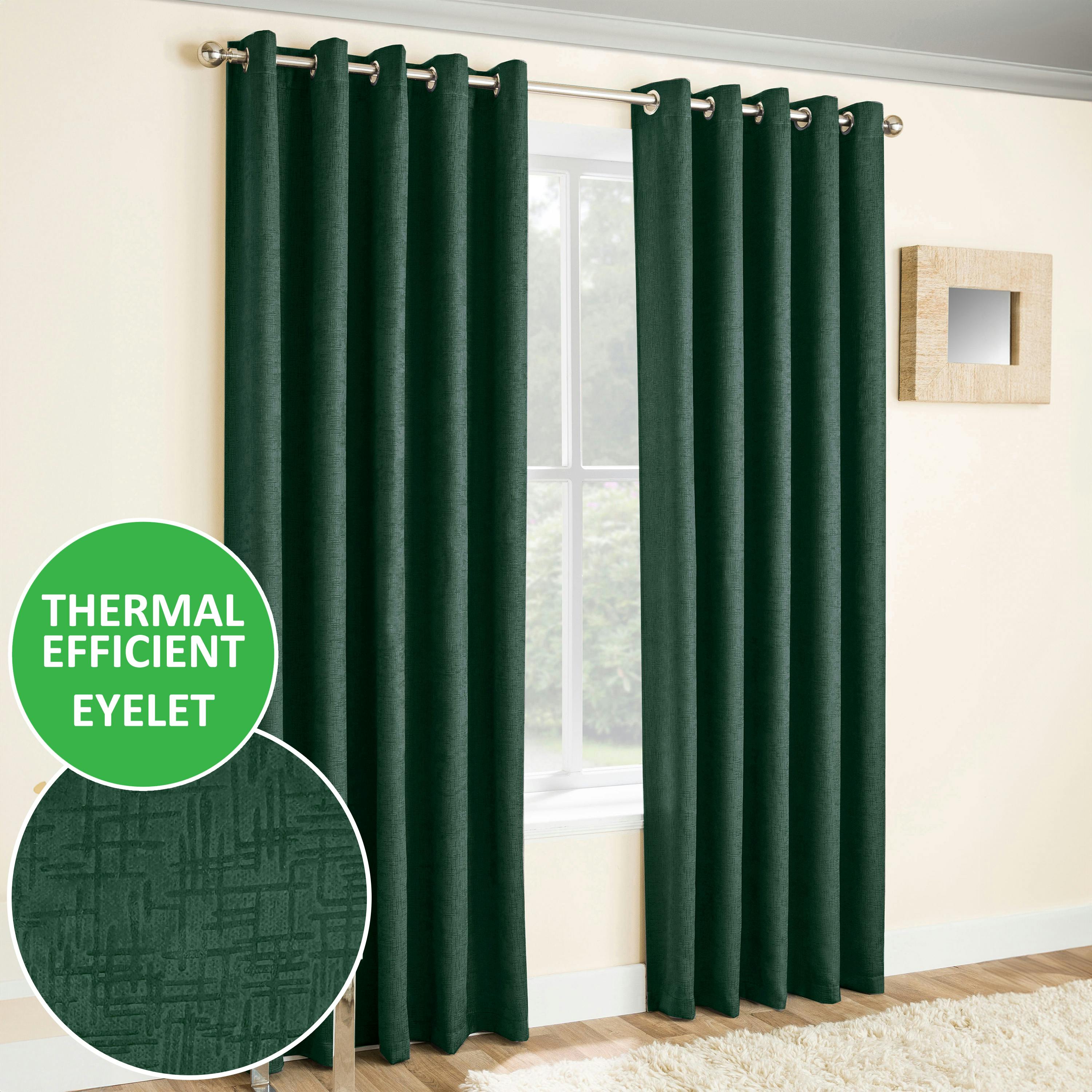 Rackhams Green Vogue Plain Textured Thermal Room Darkening Energy Saving Pair Of Curtains For Bedroom & Living Room - 90" (229Cm) Width X 54" (137Cm) Drop