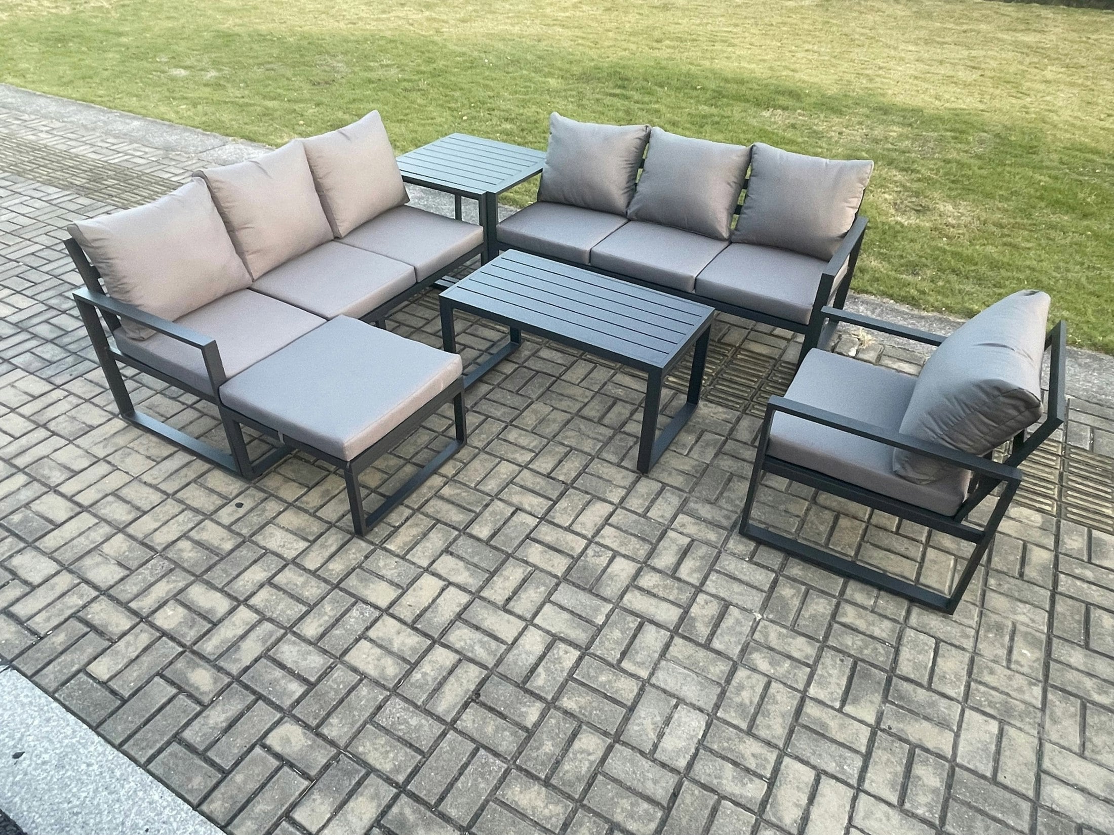 Fimous Dark/Grey Aluminium 8 Seater Garden Furniture Outdoor Patio Sofa Set With Rectangular Coffee Table Armchair Big Footstool Side Table