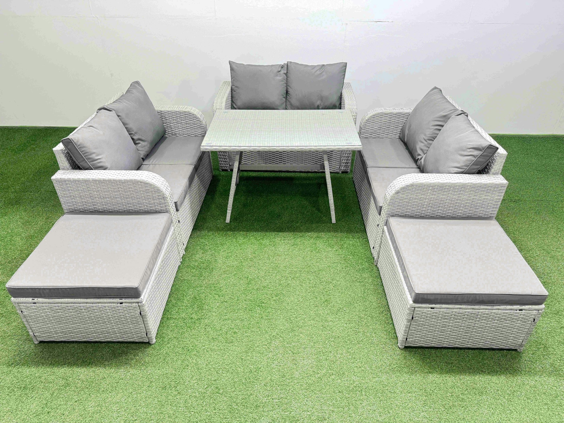 Fimous Rattan Garden Furniture Dining Set 8 Seater Patio Rectangular Table Love Sofa Set With 2 Big Stools