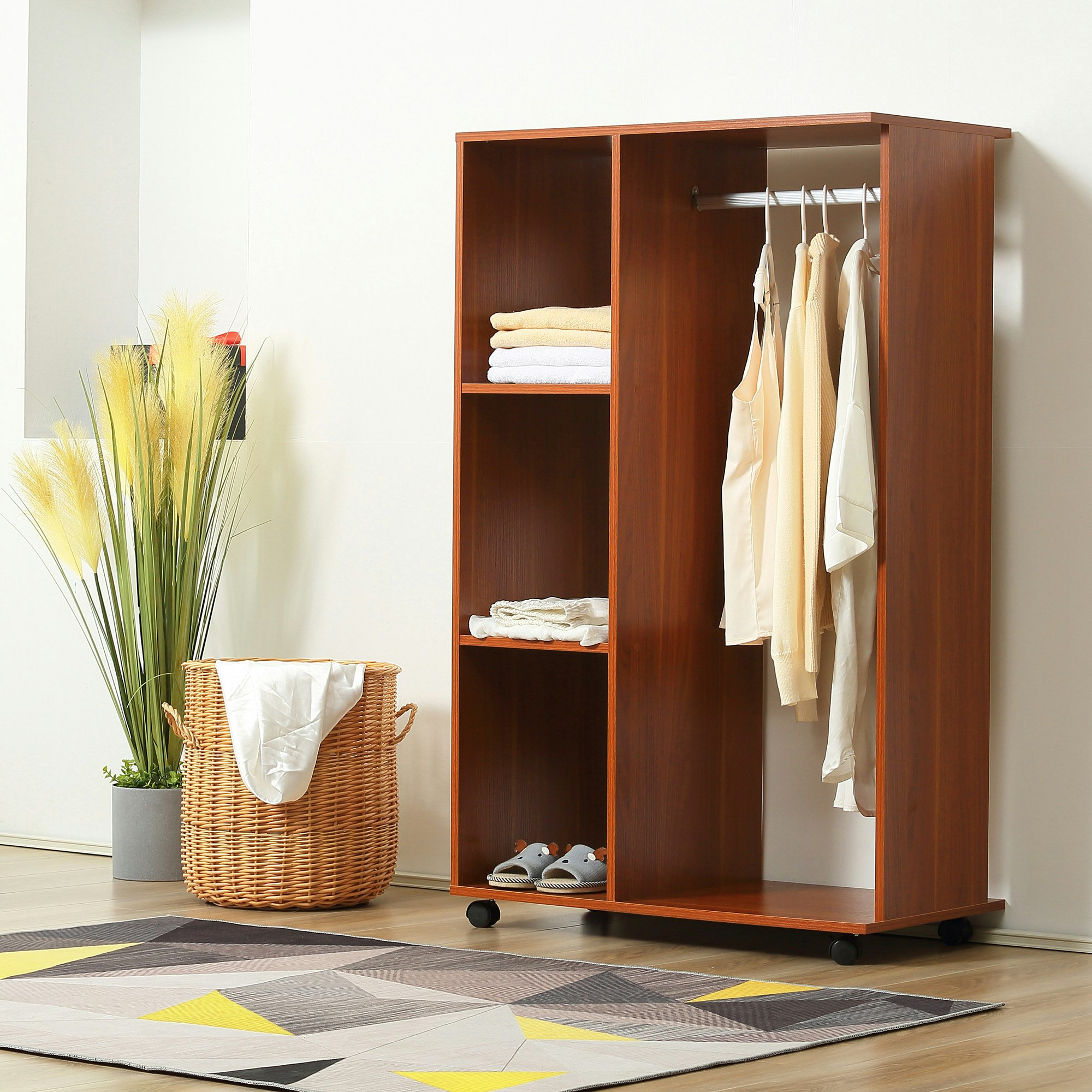 Rackhams Rolling Open Wardrobe Hanging Rail Storage Shelves For Clothes, Walnut - Walnut