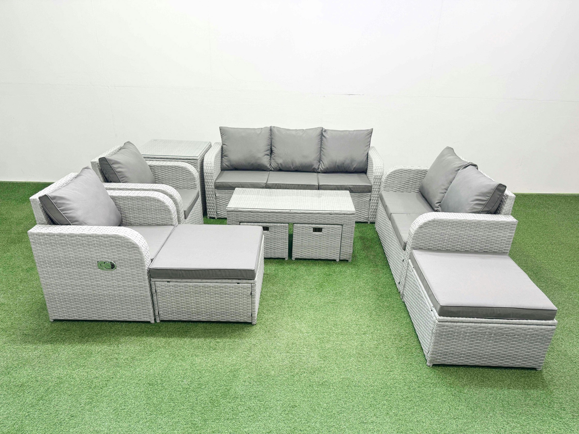 Rackhams Light/Grey Pe Wicker Rattan Furniture Sets With Oblong Coffee Table Love Sofa Reclining Chair 3 Seater Sofa 4 Stools Side Table Mixed