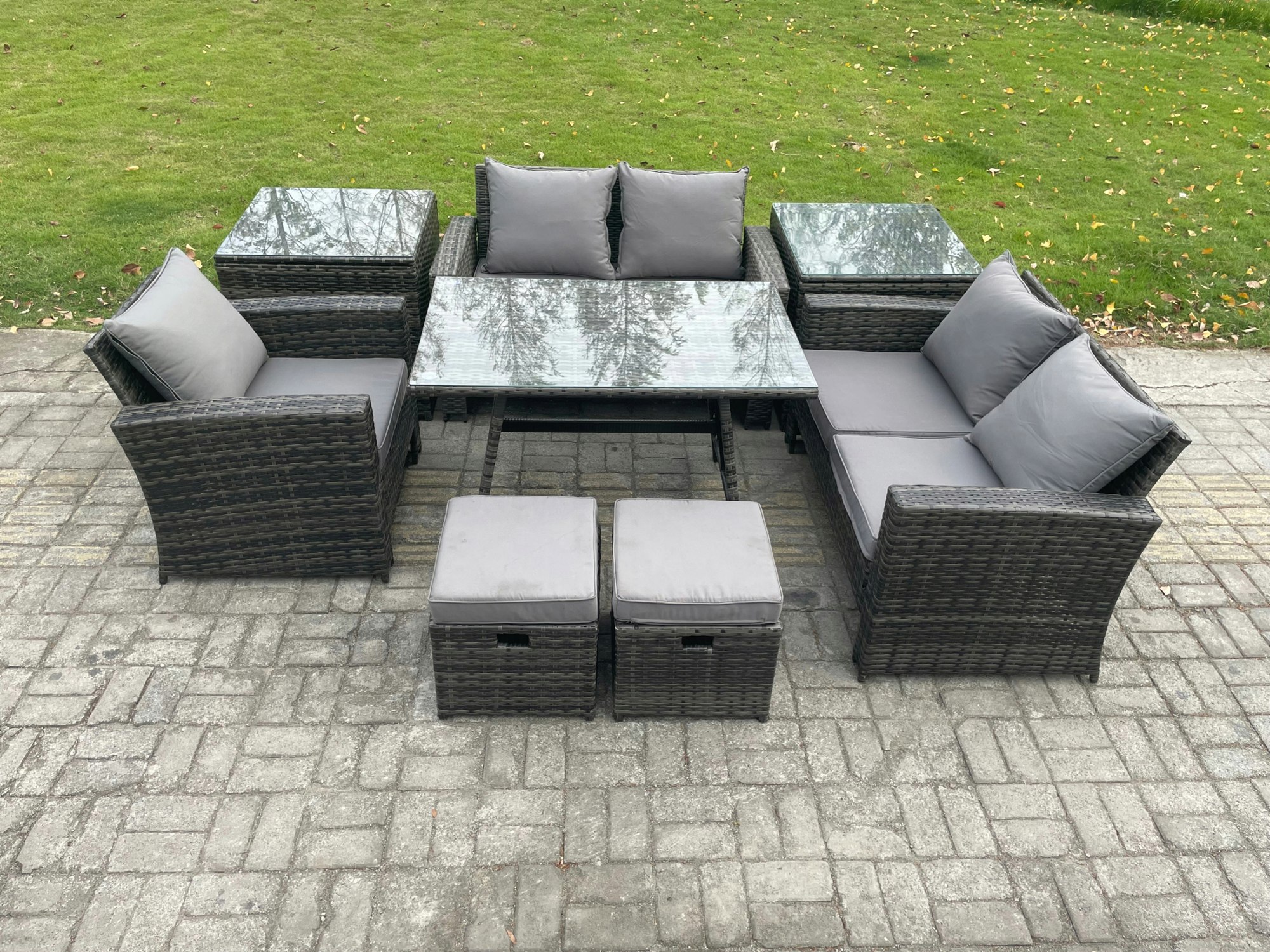 Rackhams Dark/Grey Outdoor Garden Dining Set - Mixed Pe Wicker Rattan Sofa With Rectangular Dining Table & 2 Small Footstools