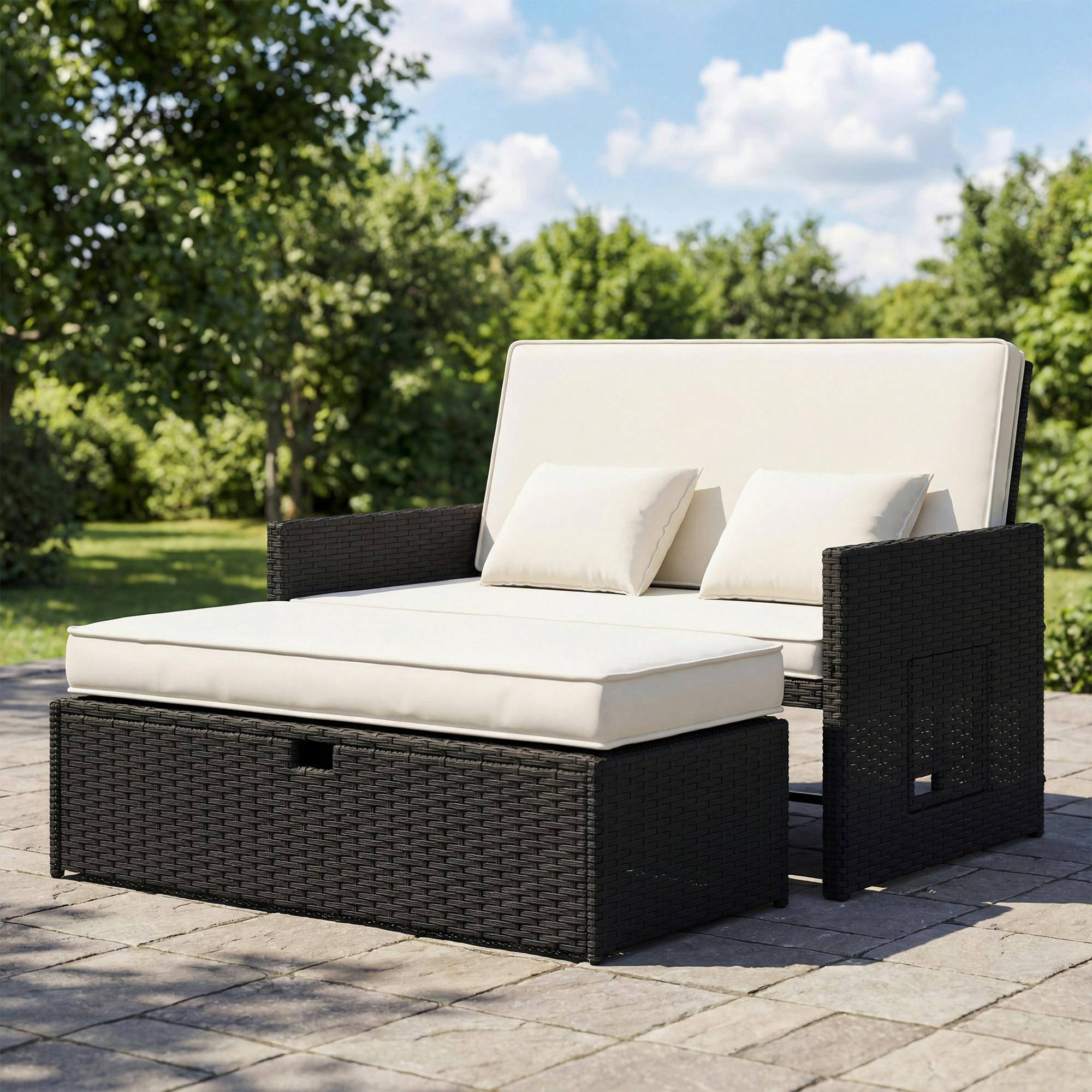 Rackhams Cream Garden Rattan Furniture Set 2 Seater Patio Sun Lounger Daybed