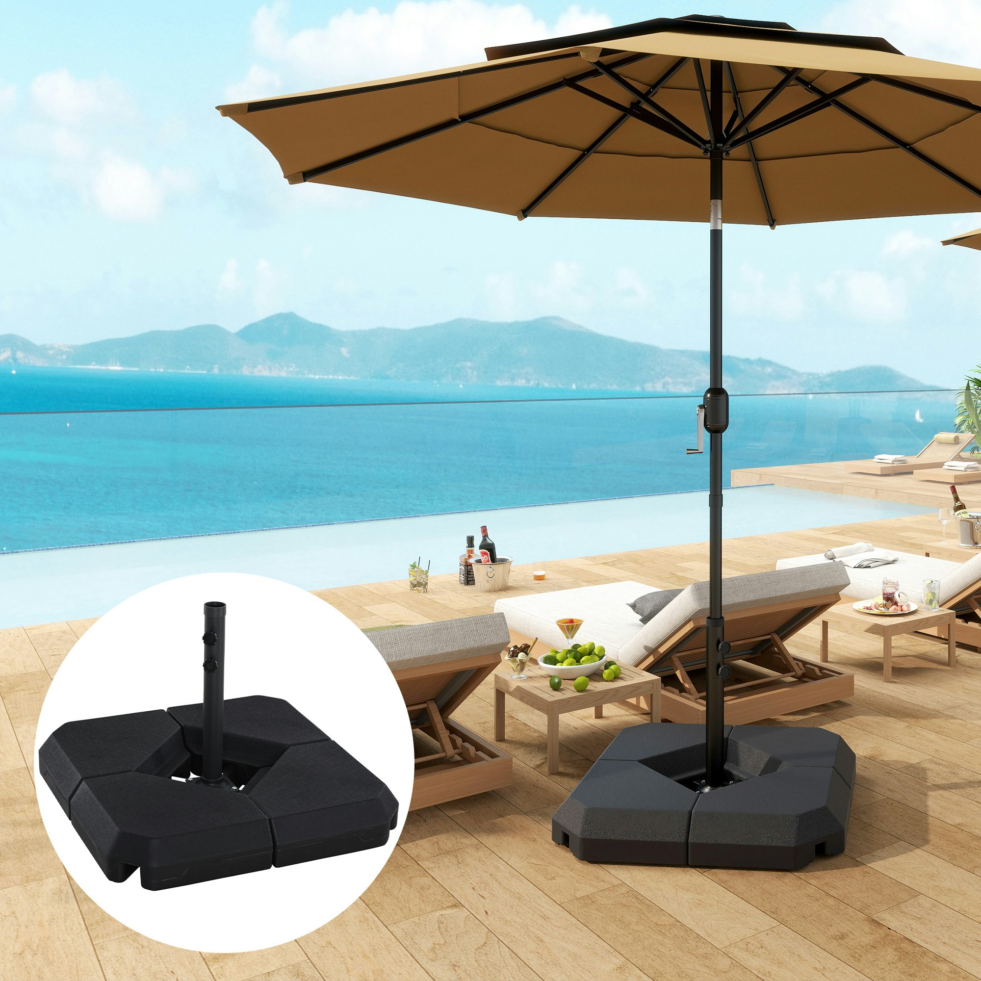 Rackhams Black 4Pcs Fillable Parasol Base Weights With Steel Cross Base, Hdpe Garden Umbrella Stand 60L Water Or 72Kg Sand Filled Weights Plastic