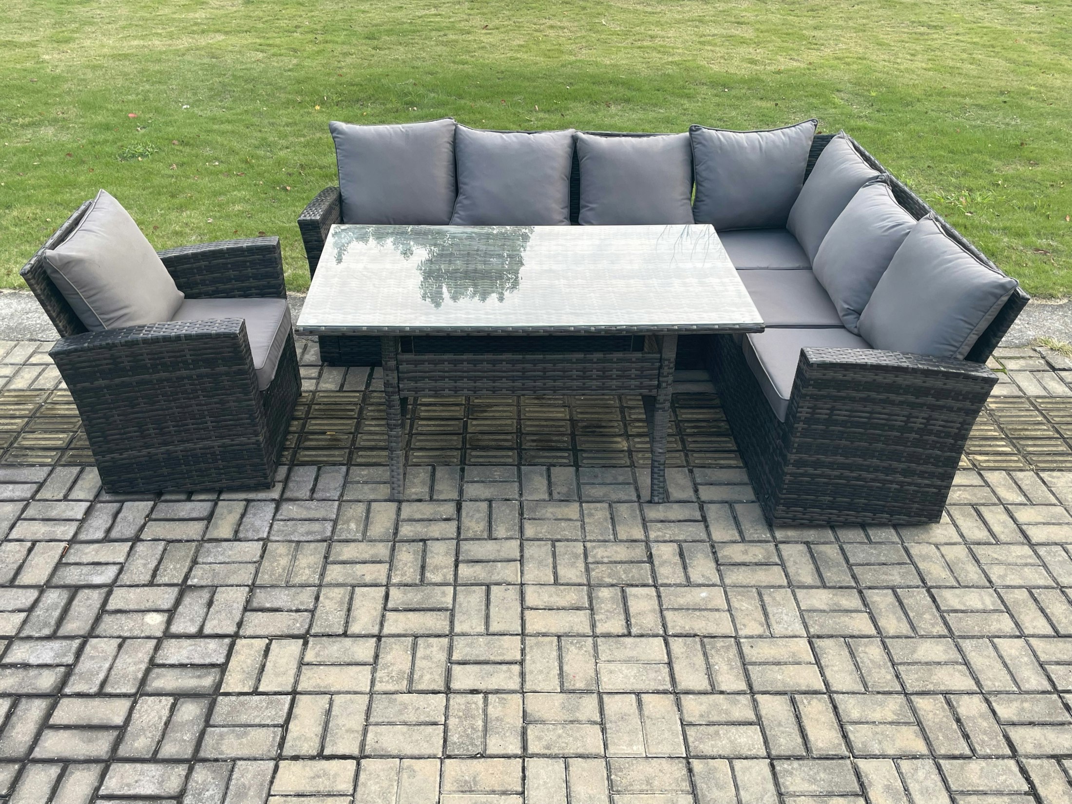 Rackhams Dark/Grey 7 Seater Garden Rattan Furniture Corner Sofa Dining Table Chair Set With Temper Glass And Cushions Indoor Outdoor Lounge Sofa Set