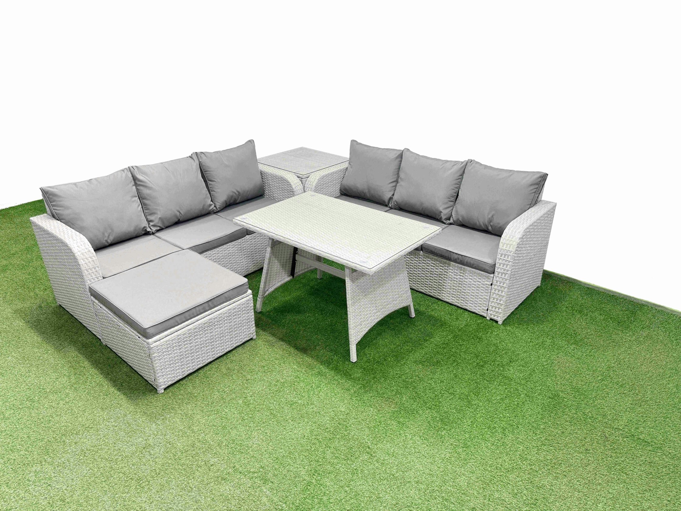 Rackhams Light/Grey Patio Dining Table & Chairs Set Rattan High Back Lounge Sofa Set With 3 Seater Sofa Side Table Big Stool
