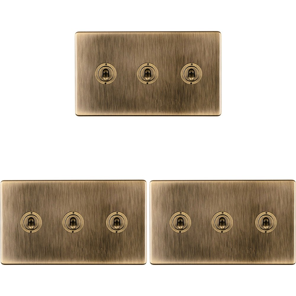 Rackhams Light Pack Gang Triple Retro Toggle Switch Screwless Antique Brass 10A 2 Way Size 3