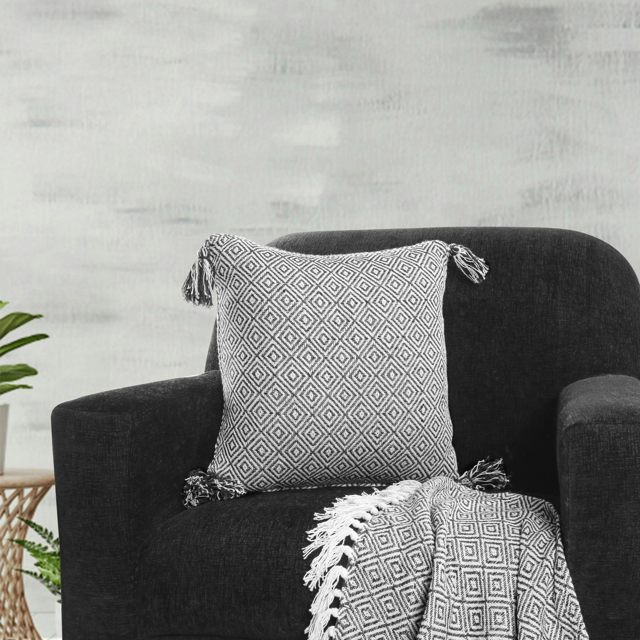 Velosso Shabby Chic Vintage Look Tassel Edge Cushion - 43Cm X 43Cm - Charcoal