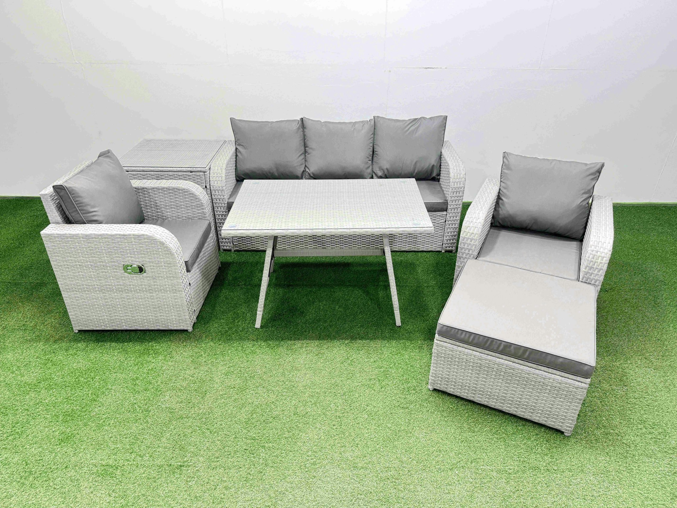 Fimous Light/Grey Reclining Chair 3 Seat Sofa Set Garden Furniture Set With Rectangular Dining Table Side Table Big Footstool
