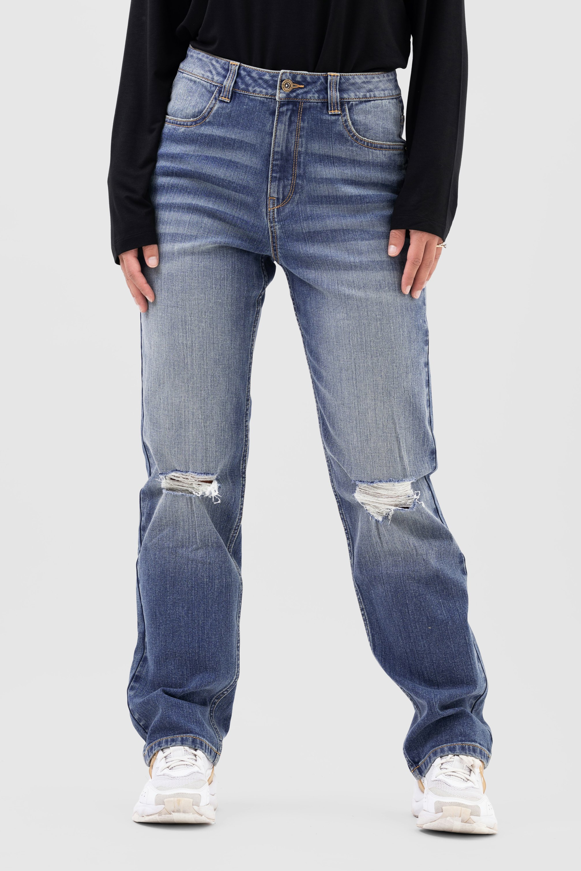 Enorsia Women's Blue Straight Fit Ripped Jeans - 8 - 99% Cotton, 1% Spandex - Mid