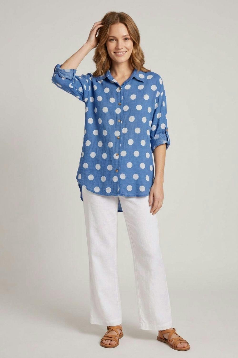 Izabel London Blue Polka Dot Print 3/4 Sleeve Relaxed Shirt - 10