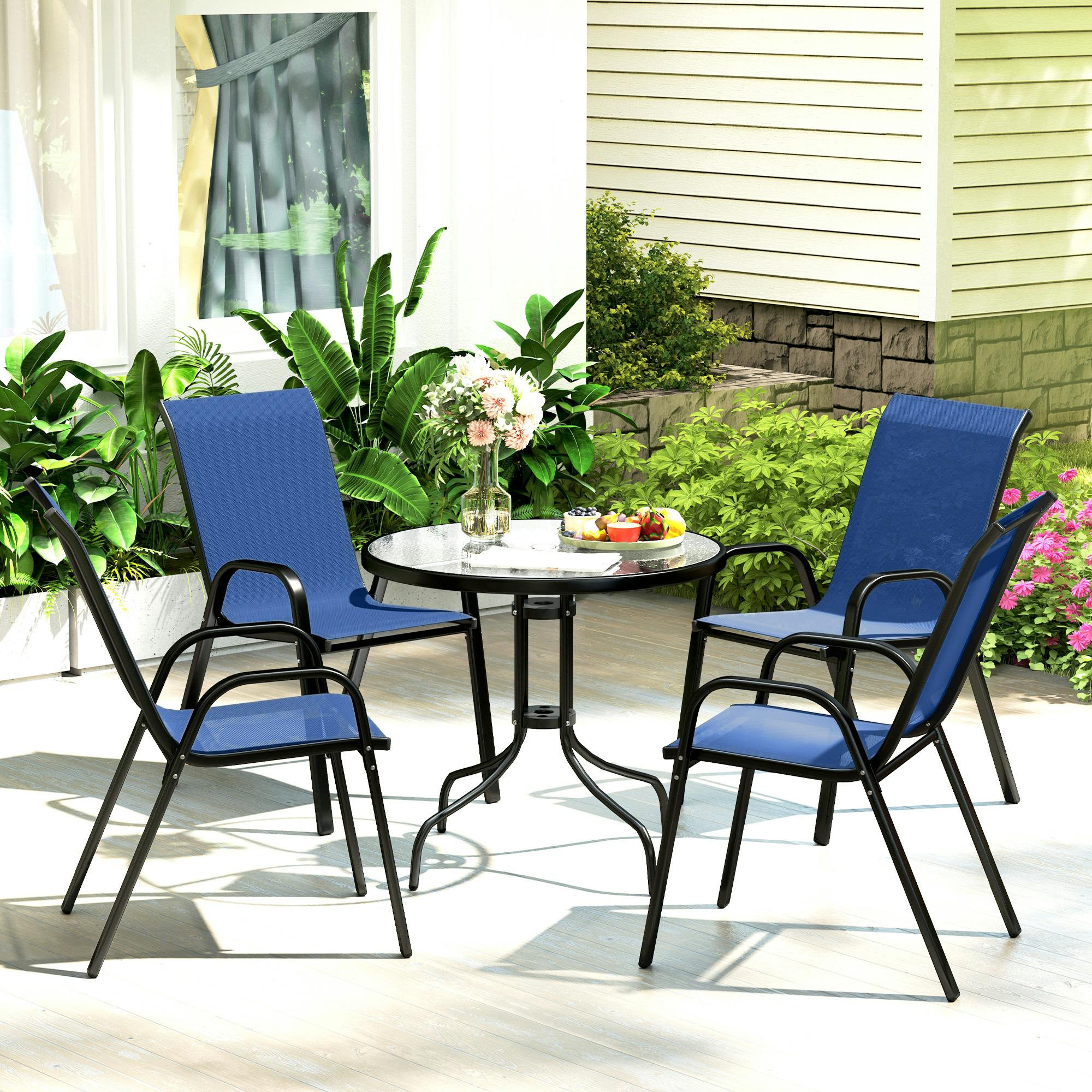 Rackhams Blue 5 Pcs Garden Furniture Set, Round Table And Stackable Chairs, - Not Included - Steel, Texteline, Tempered Glass