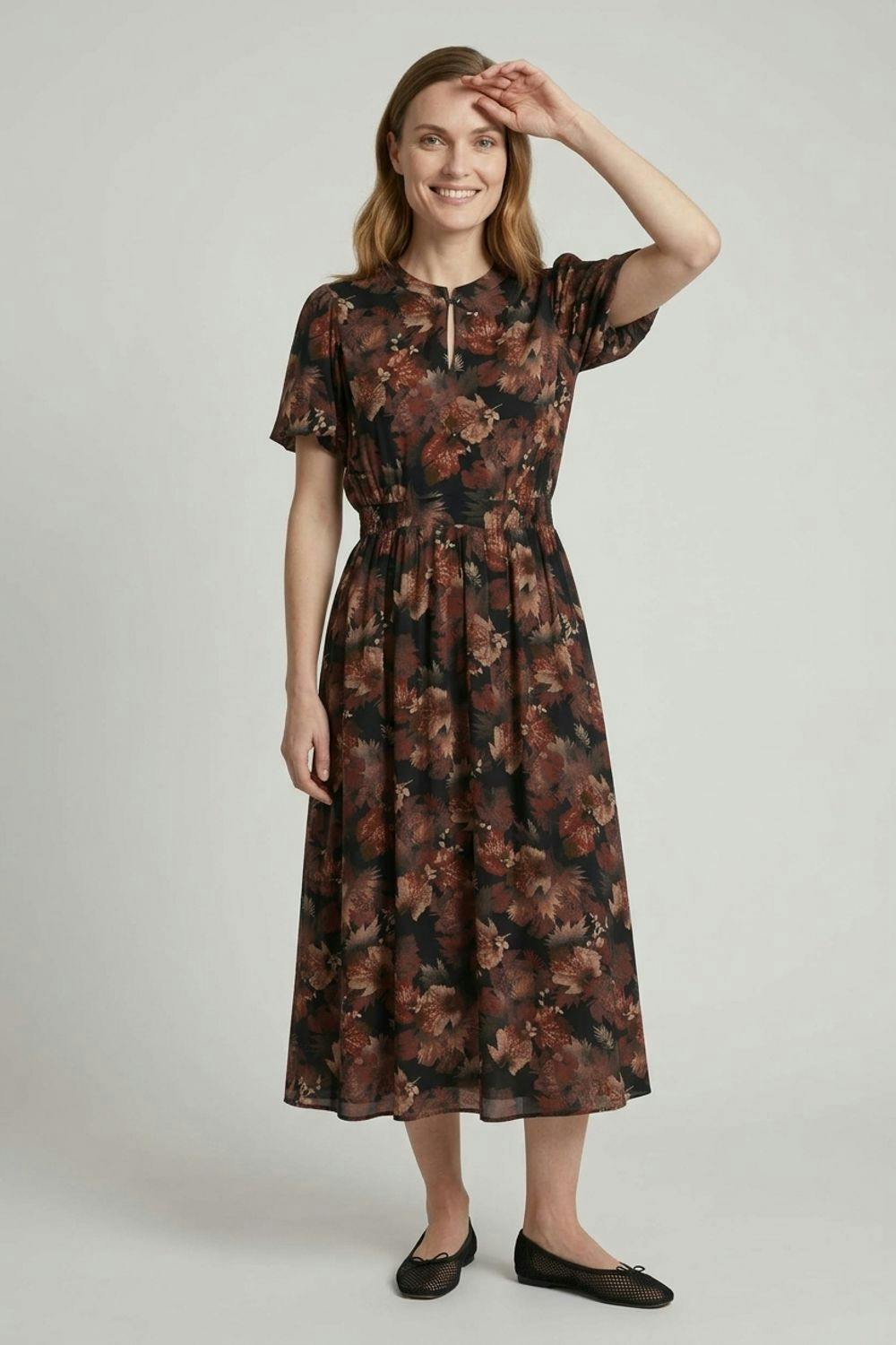 Izabel London Printed A-Line Short Sleeve Midi Dress - 12 - Navy