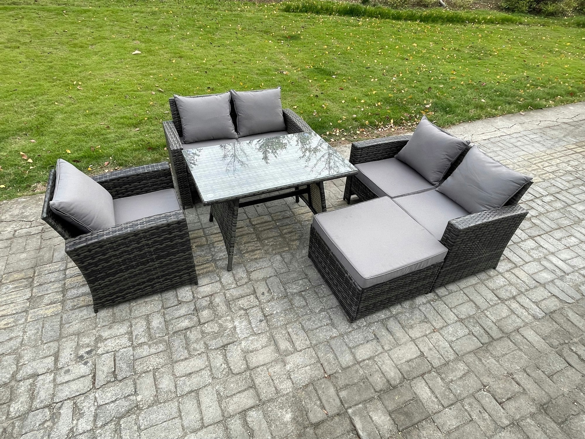 Fimous Dark/Grey 6 Seater Wicker Pe Rattan Garden Dining Set Outdoor Furniture Sofa With Rectangular Dining Table Double Seat Sofa Big Footstool Mixed
