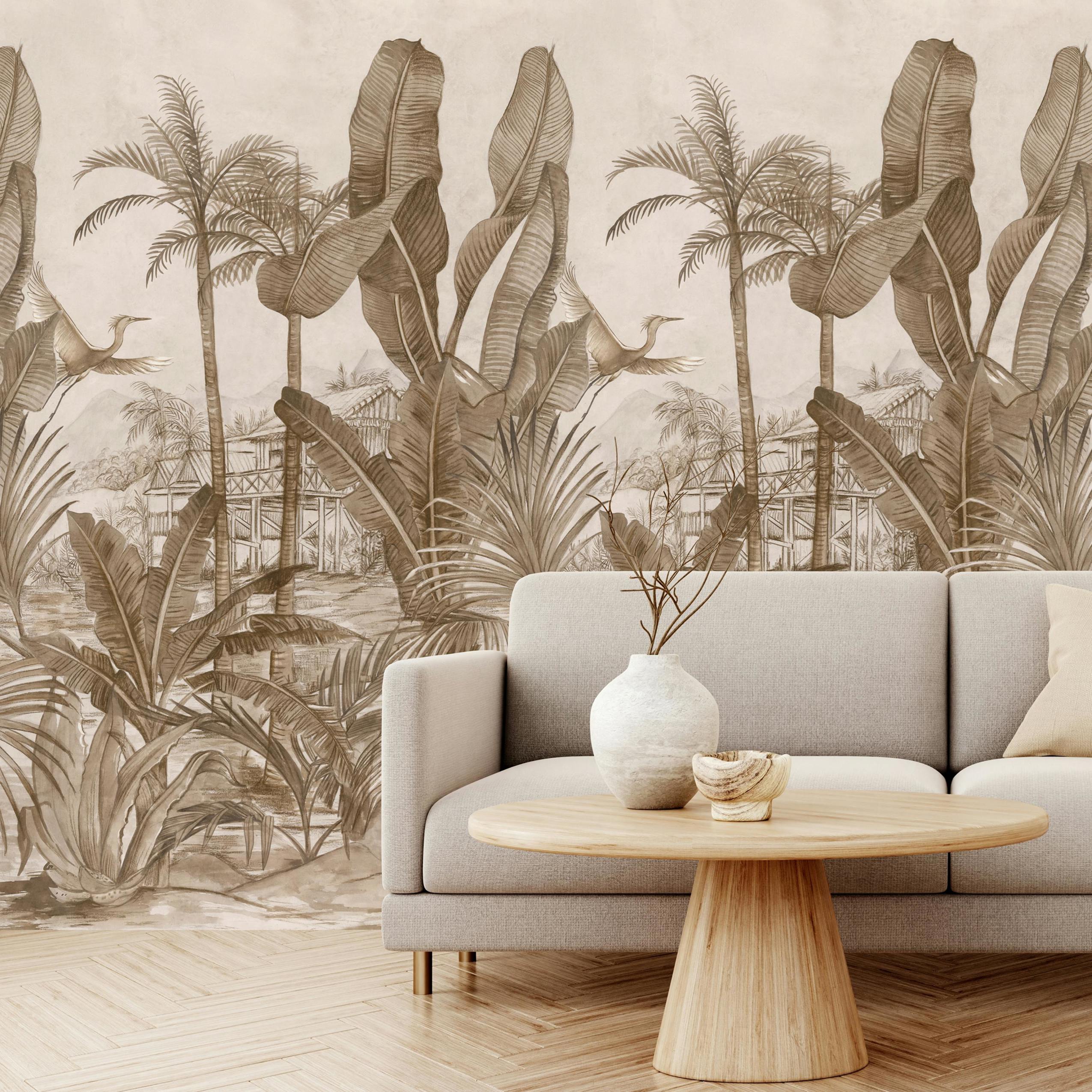 Grandeco Jungle Safari Pavillion 3 Panel Repeatable Mural 1.59 X 2.8M, Sepia
