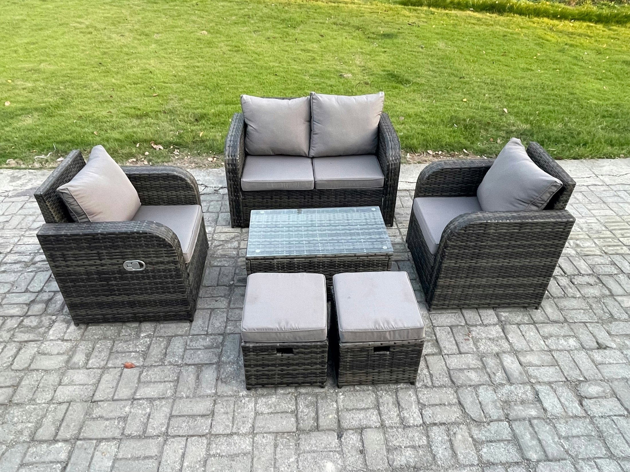 Fimous Dark/Grey Wicker Pe Rattan Outdoor Furniture Set Garden Love Sofa Coffee Table 2 Armchair 2 Small Footstools Mixed