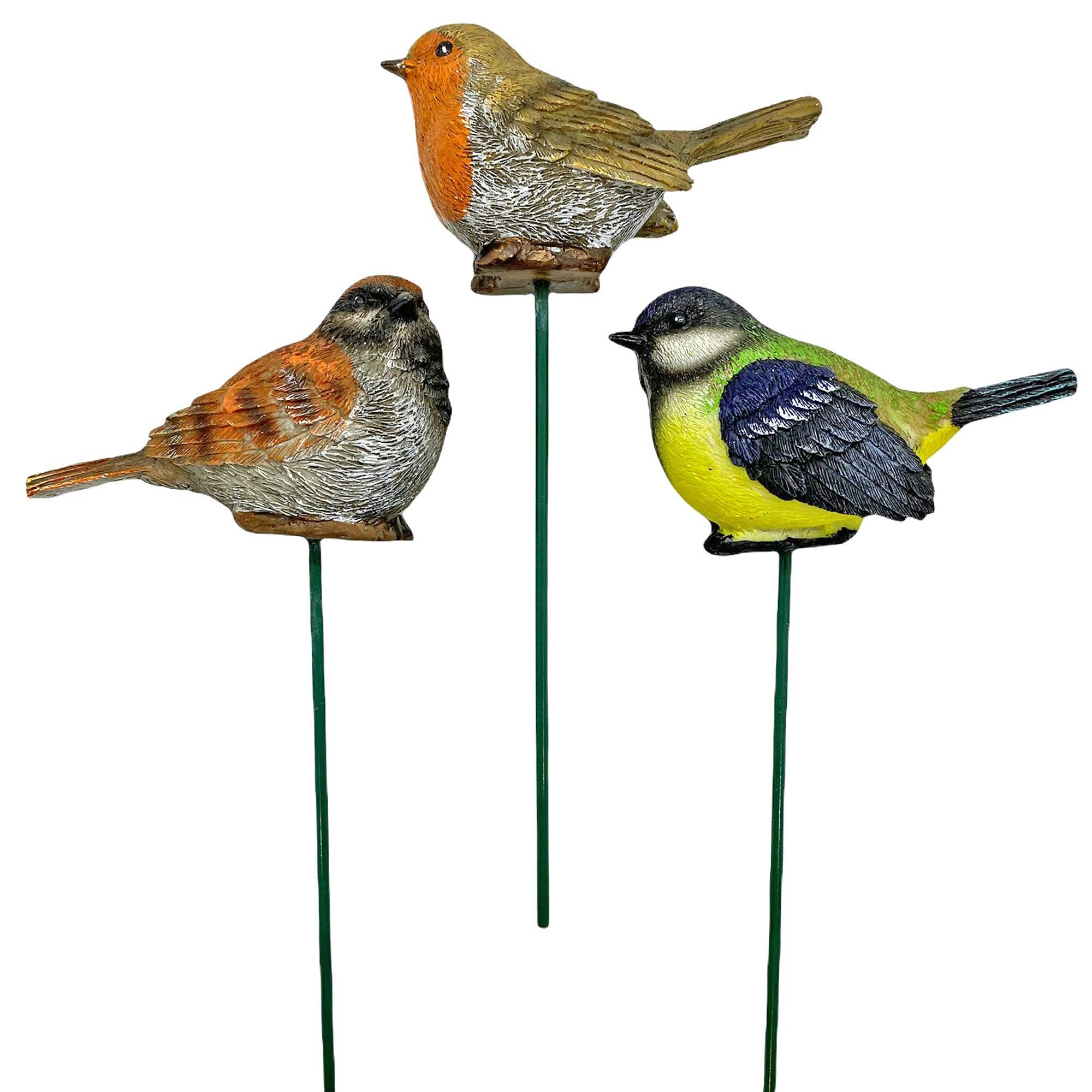 Farmwood 3 Garden Bird Ornaments British Birds on Stick Garden Decor Robin, Sparrow & Tit - Image 3