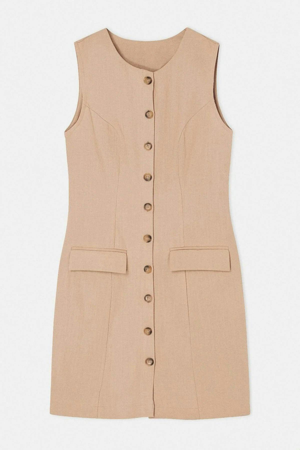 Wovcor Linen Blend Mini Woven Shirt Dress With Pocket Detail - Stone - 14