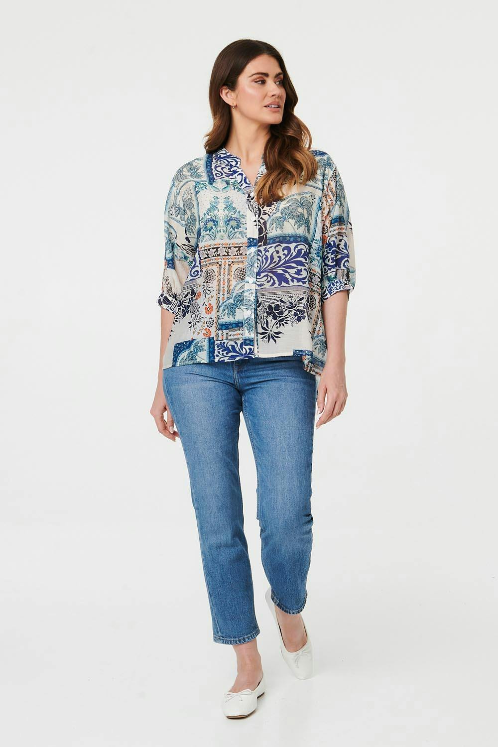 Izabel London Blue Patchwork 1/2 Sleeve Button Detail Shirt - 8
