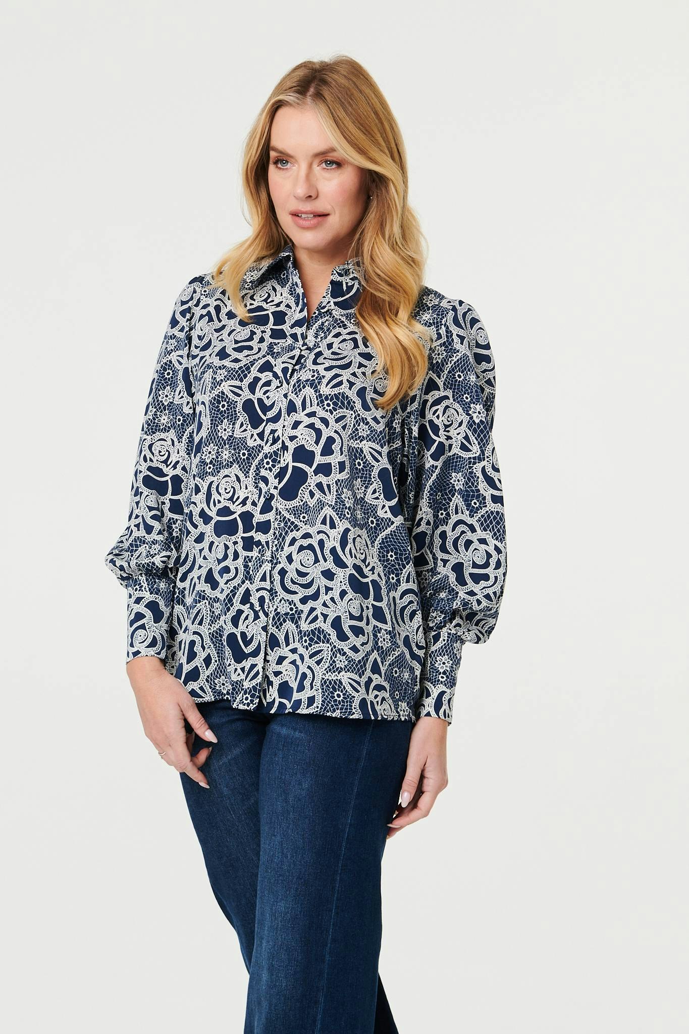 Izabel London Floral Abstract Long Sleeve Shirt - 8 - Navy