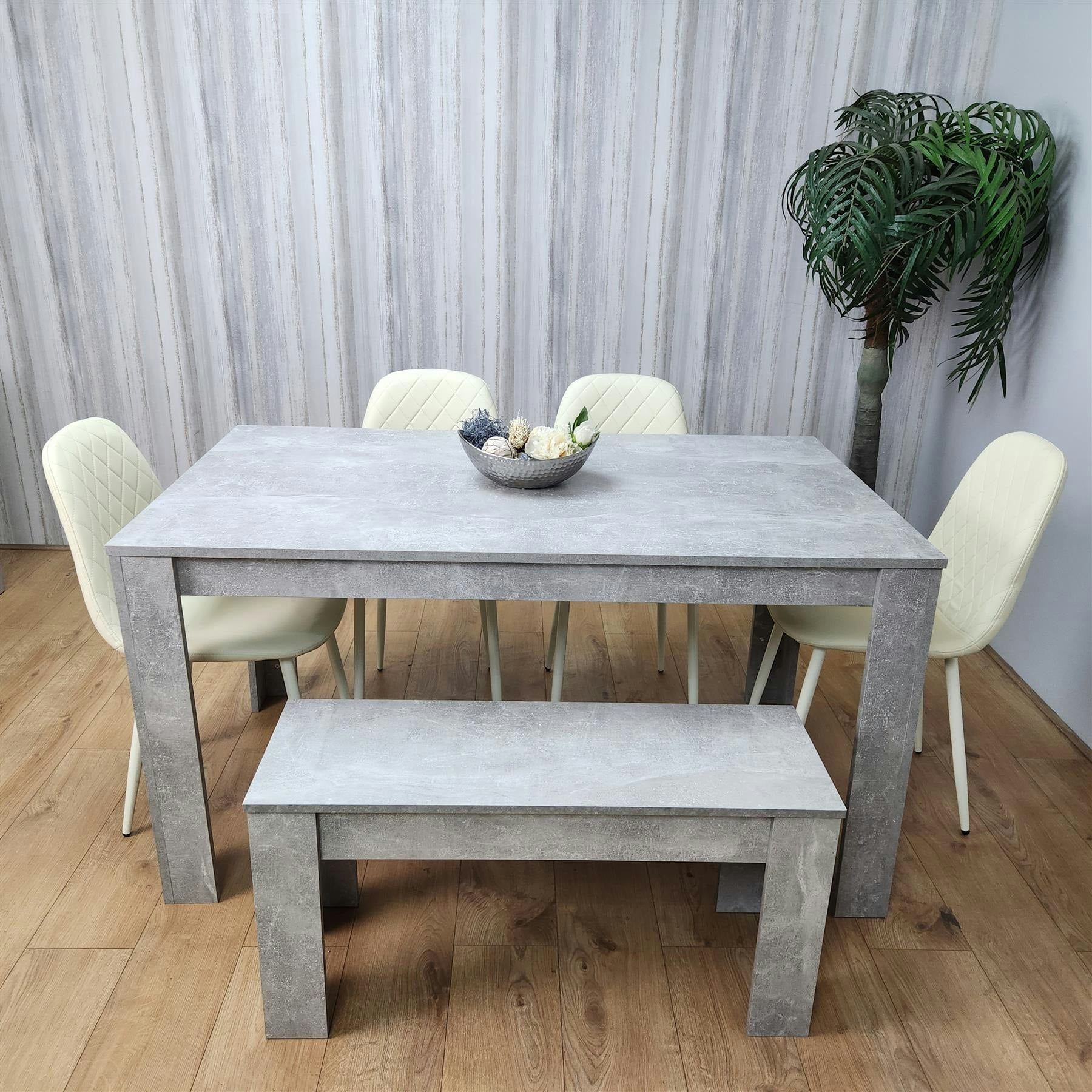 Rackhams Grey/Cream Wooden Rectangle Dining Table Sets With Set Of 4 Chairs, A Bench, And