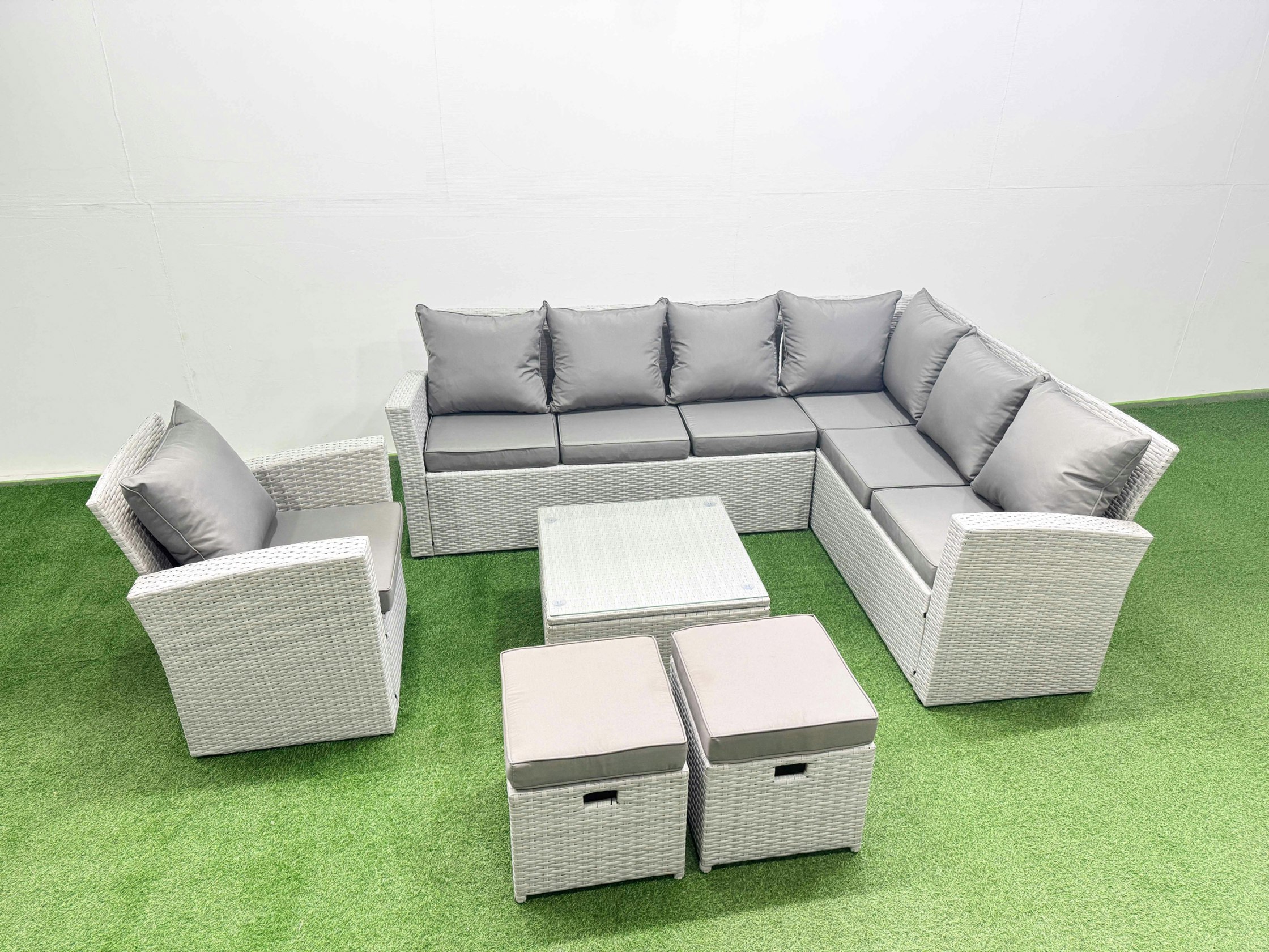 Rackhams Light/Grey Rattan Garden Outdoor Furniture Set 9 Seater Rattan Garden Sofa Set With Armchair 2 Small Footstools Mixed