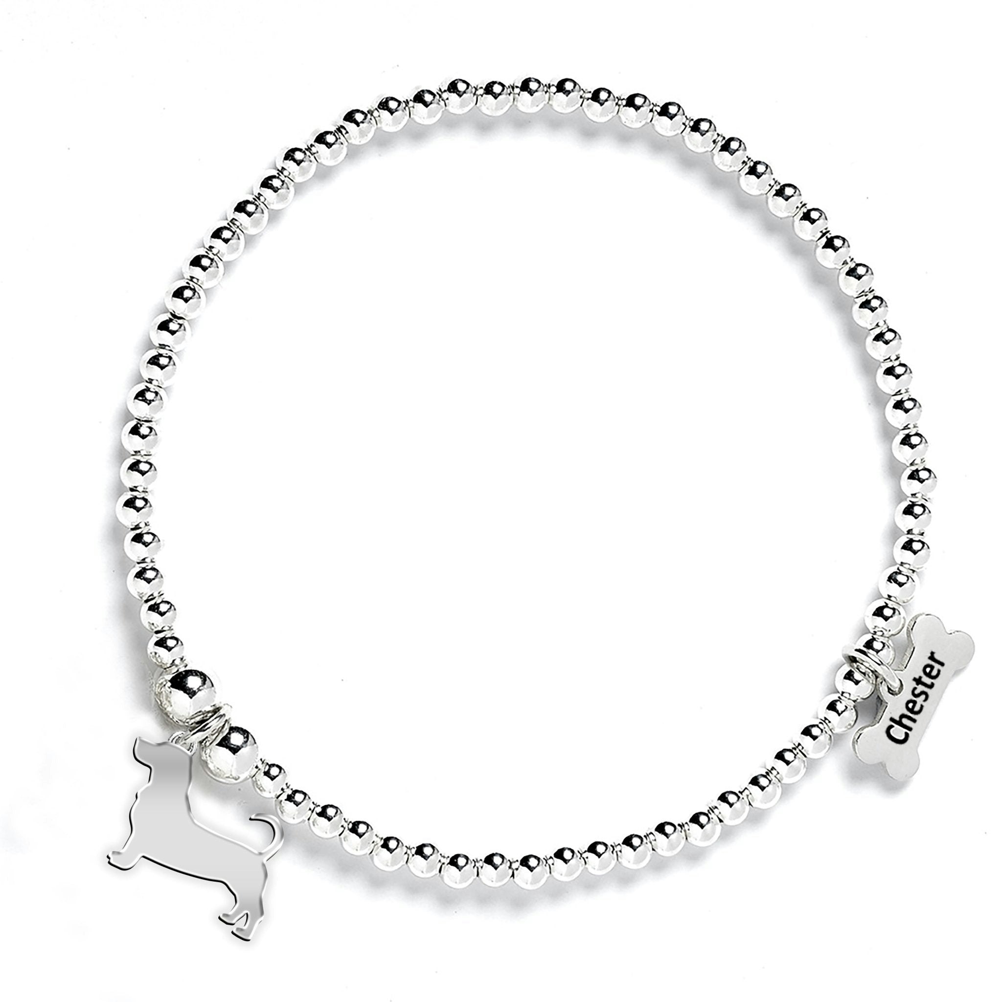 Mylee London Silver Basset Hound Silhouette Ball Bead Bracelet - Personalised - No
