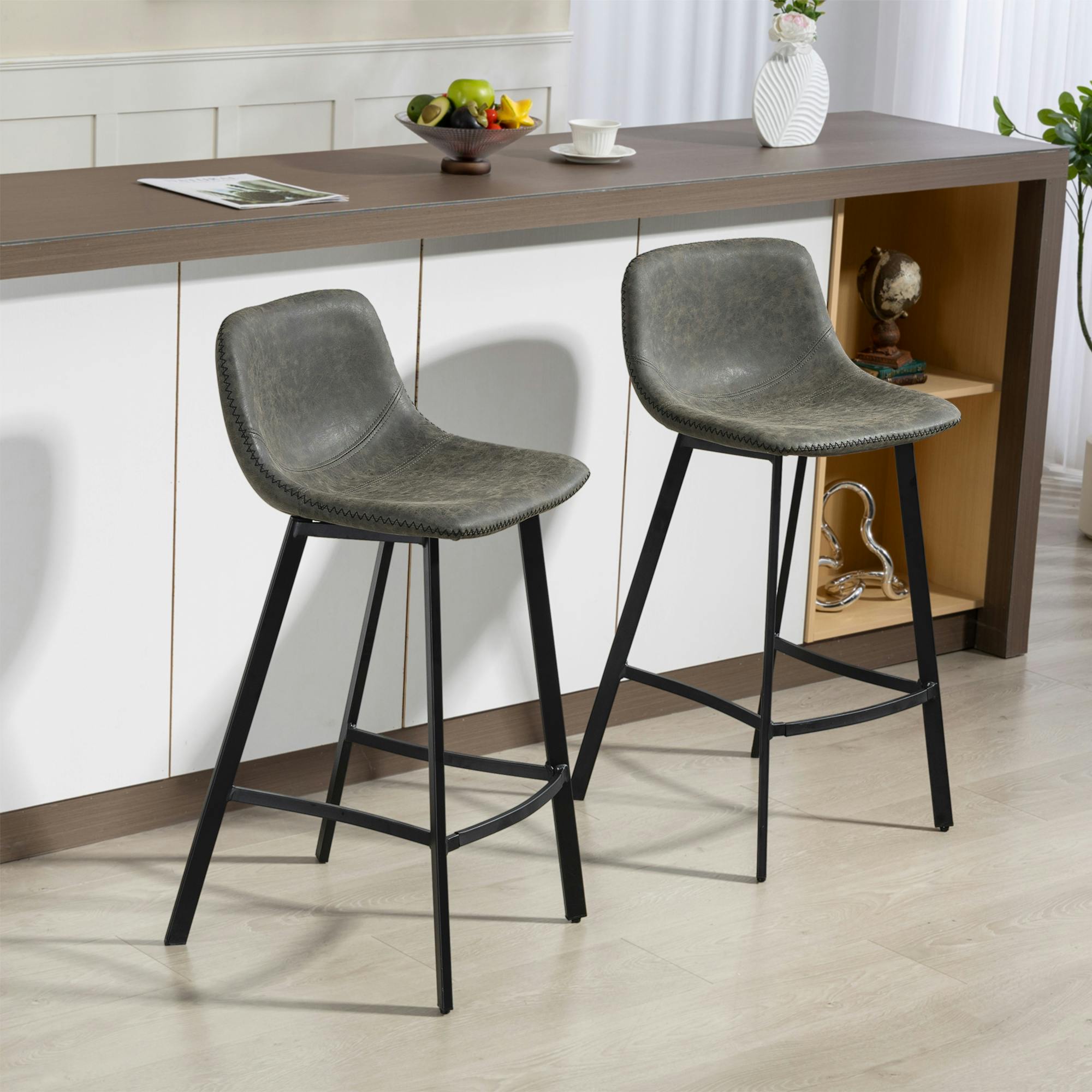 Homcom Green/Grey Bar Stools Set Of 2, Bar Chairs With Back And Steel Legs, - Pu Leather, Steel