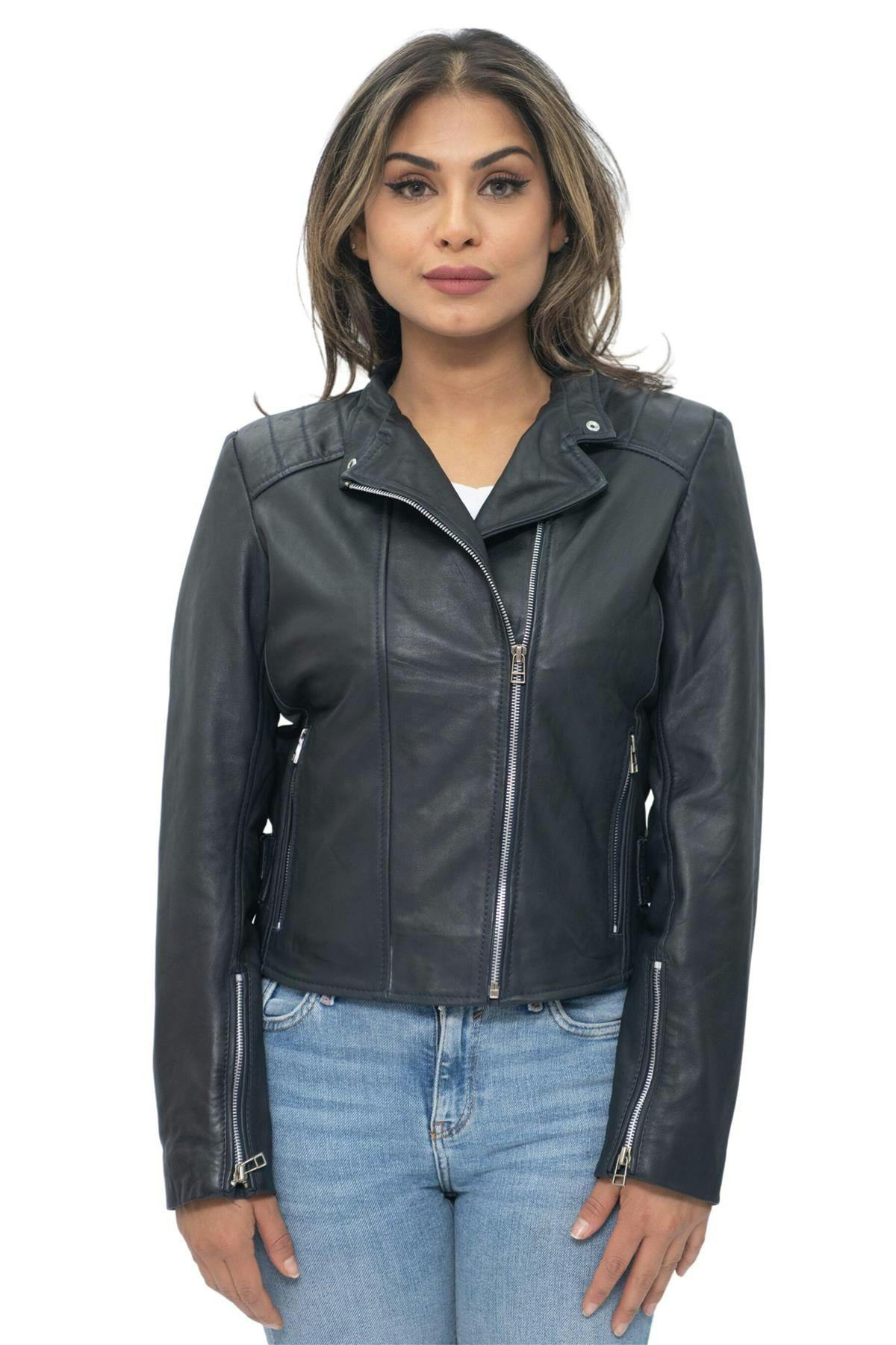 Infinity Leather Women's Brown Leather Biker Jacket-Celaya - Navy - Uk 4XL/22 | Eu 48 | Us 18