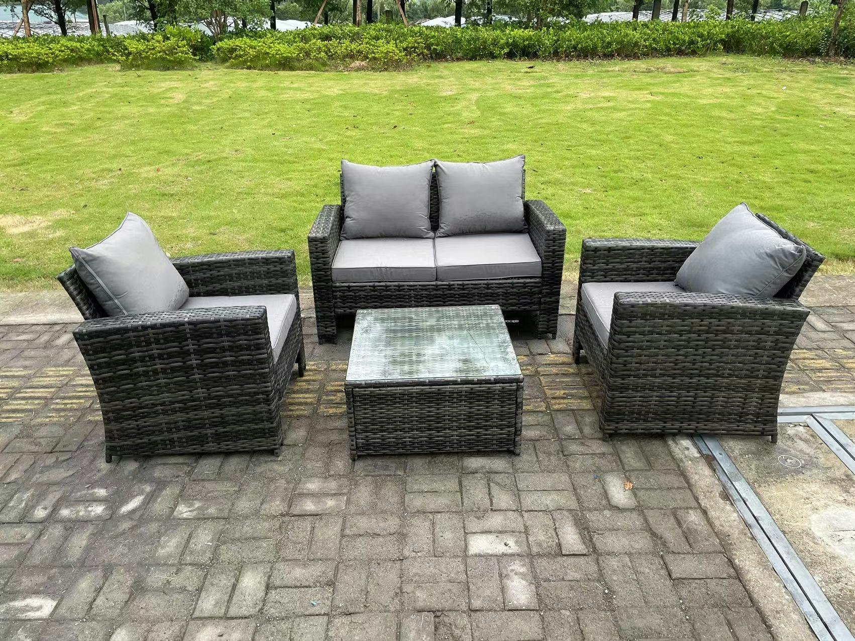 Rackhams Dark/Grey 4 Seater Mixed High Back Rattan Sofa Set Square Coffee Table Garden Furniture Outdoor Patio
