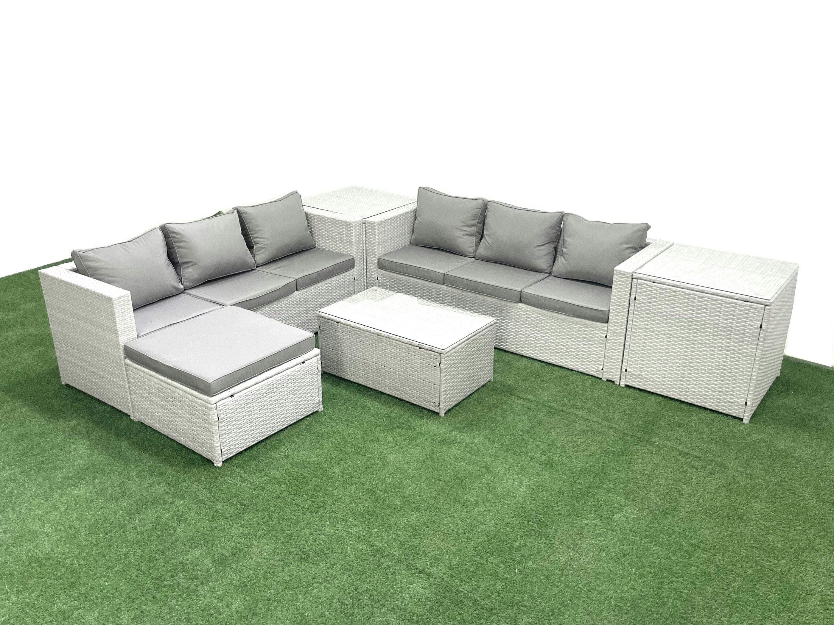 Rackhams Light/Grey Garden Outdoor Pe Rattan Furniture Set 7 Seater Rattan Garden Sofa Set With Big Footstool 2 Side Tables Mixed