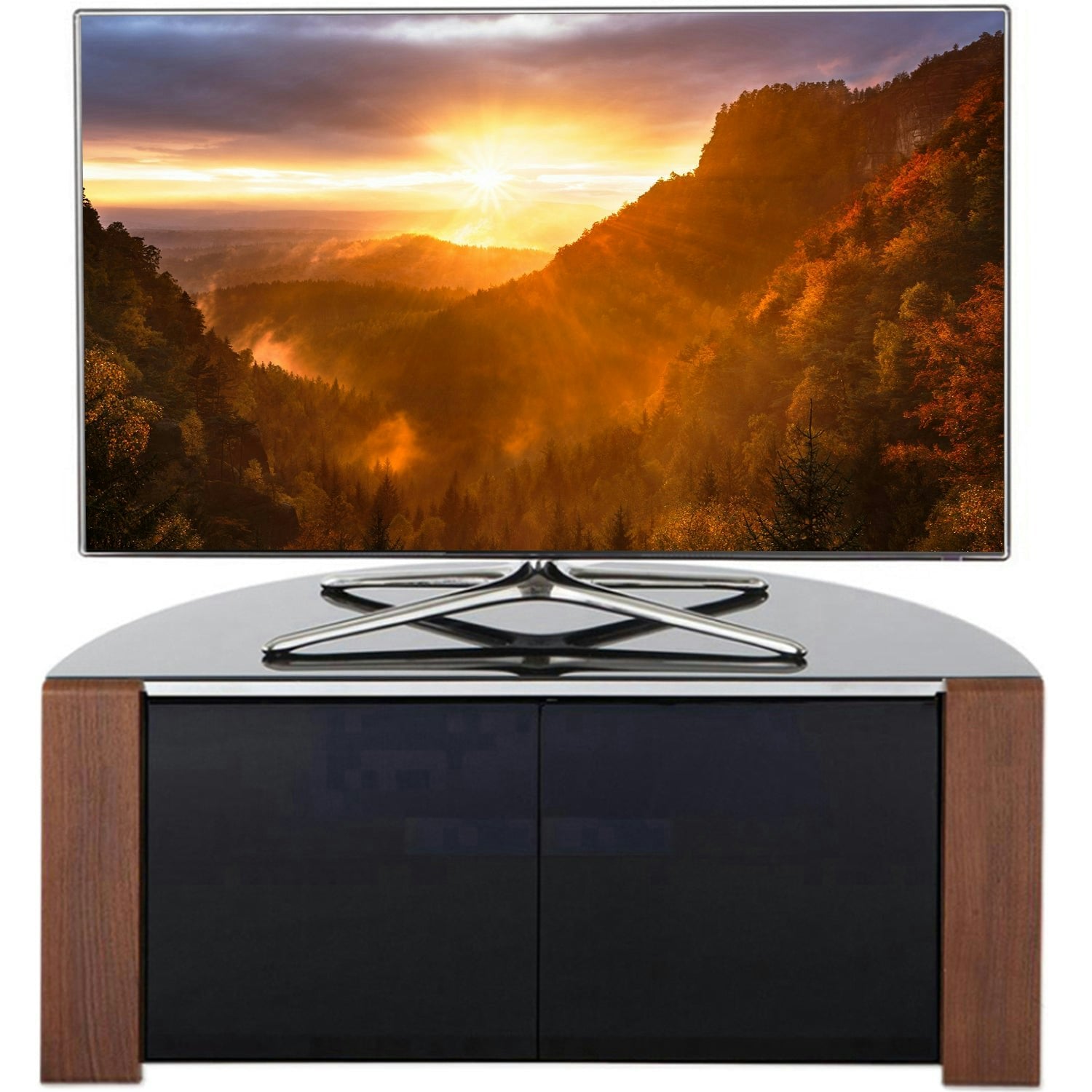Rackhams Black Sirius 850 Cabinet Remote Friendly Beamthru Glass Door Gloss With Walnut/Oak Reversible Panels For Tvs Up To 40" Tv Stand