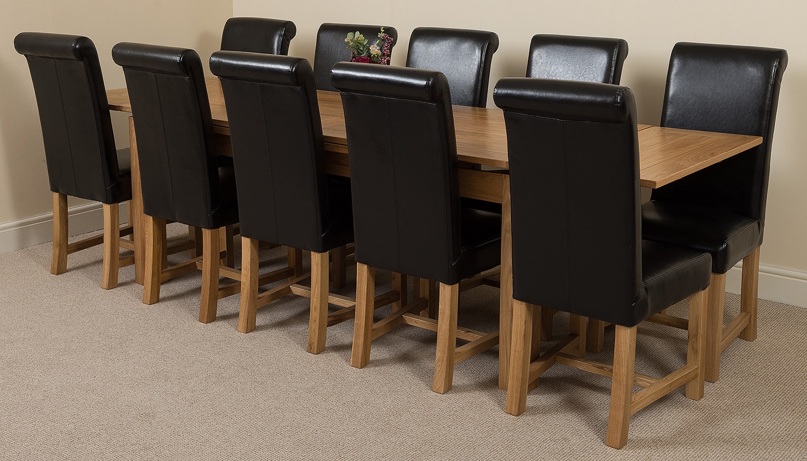 Rackhams Brown Richmond Oak Extending Dining Table With Washington Leather Chairs - 10 Chairs Large