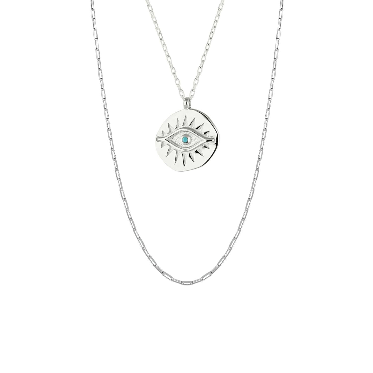 Spero London Silver Eye Coin And Rectangular Chain Sterling Evil Eye Necklace Set