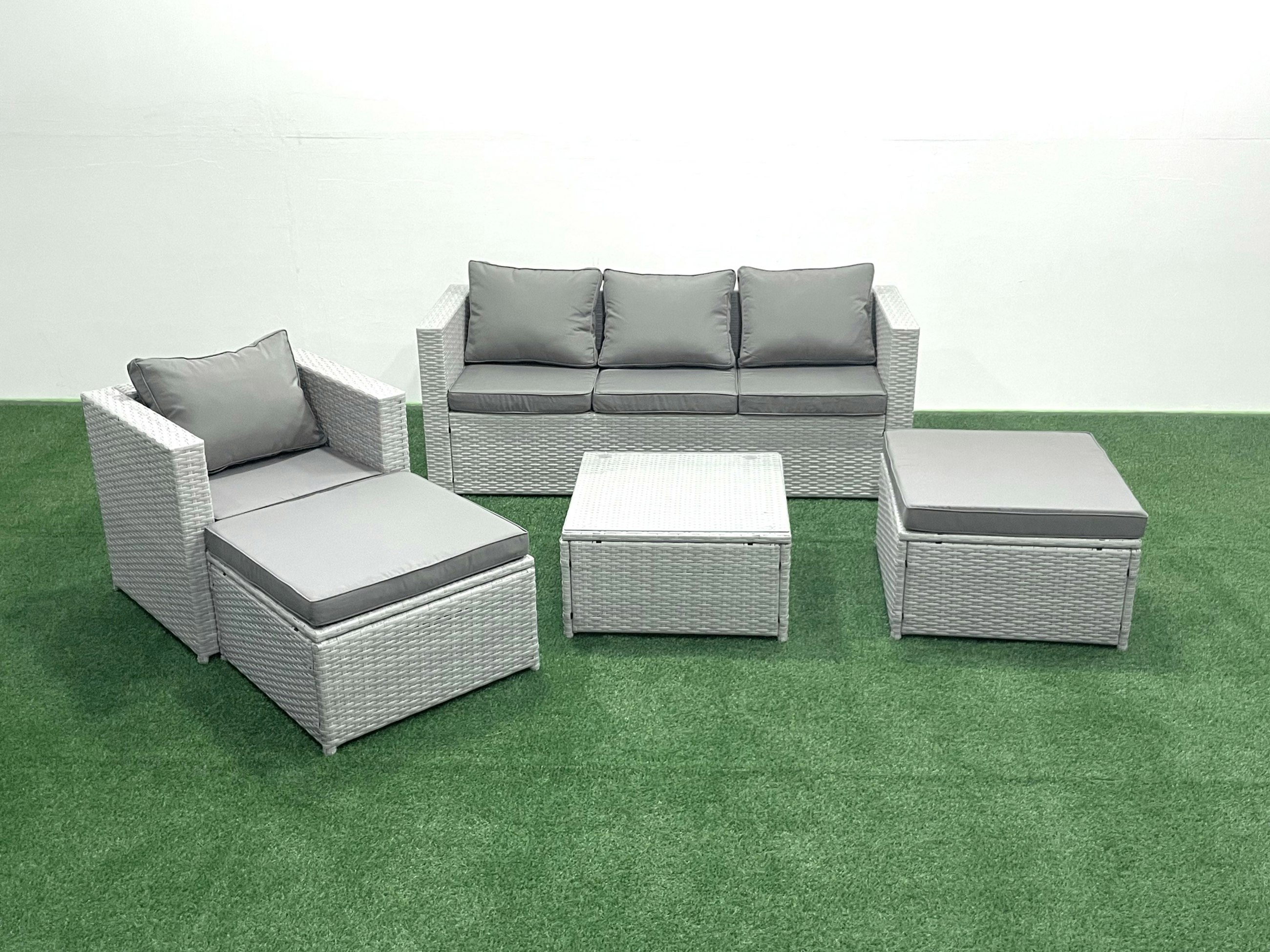 Rackhams Light/Grey Garden Outdoor Furniture Set 6 Seater Rattan Sofa Set With 2 Big Footstools Armchair Mixed