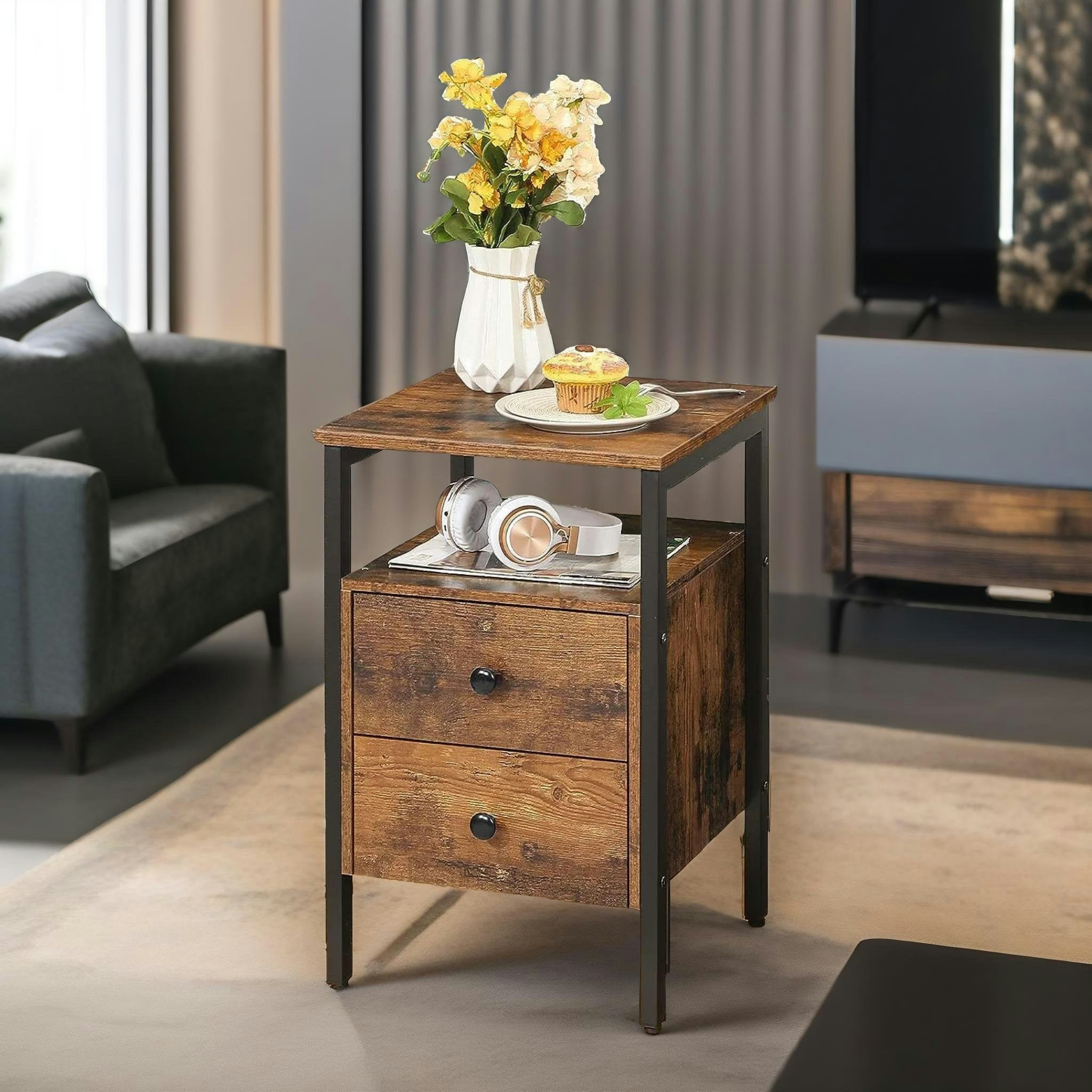 Rafaelo Mobilia Grain/Black Bedside Table With 2 Drawers