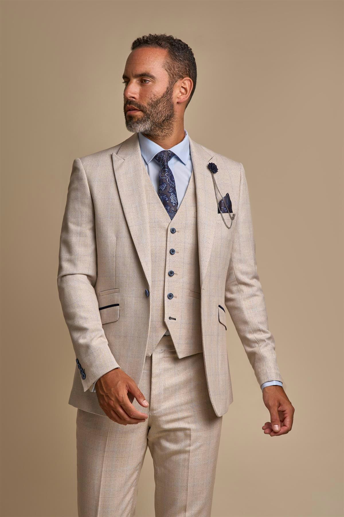 House Of Cavani Men's Beige Caridi Check Slim Fit Blazer - 34 Inch Chest