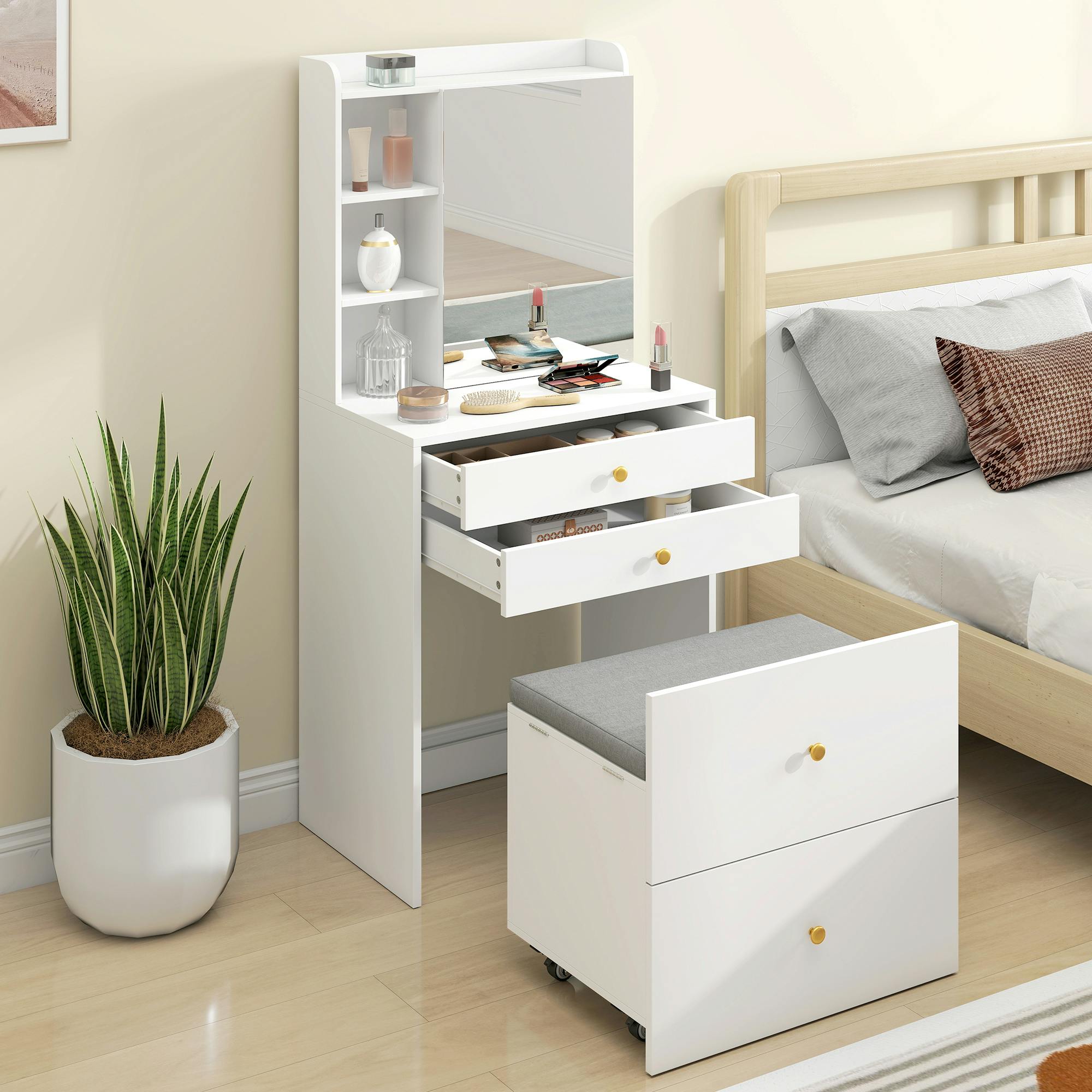Rackhams White Dressing Table With Mirror And Stool, Makeup Desk With Drawers, - 60