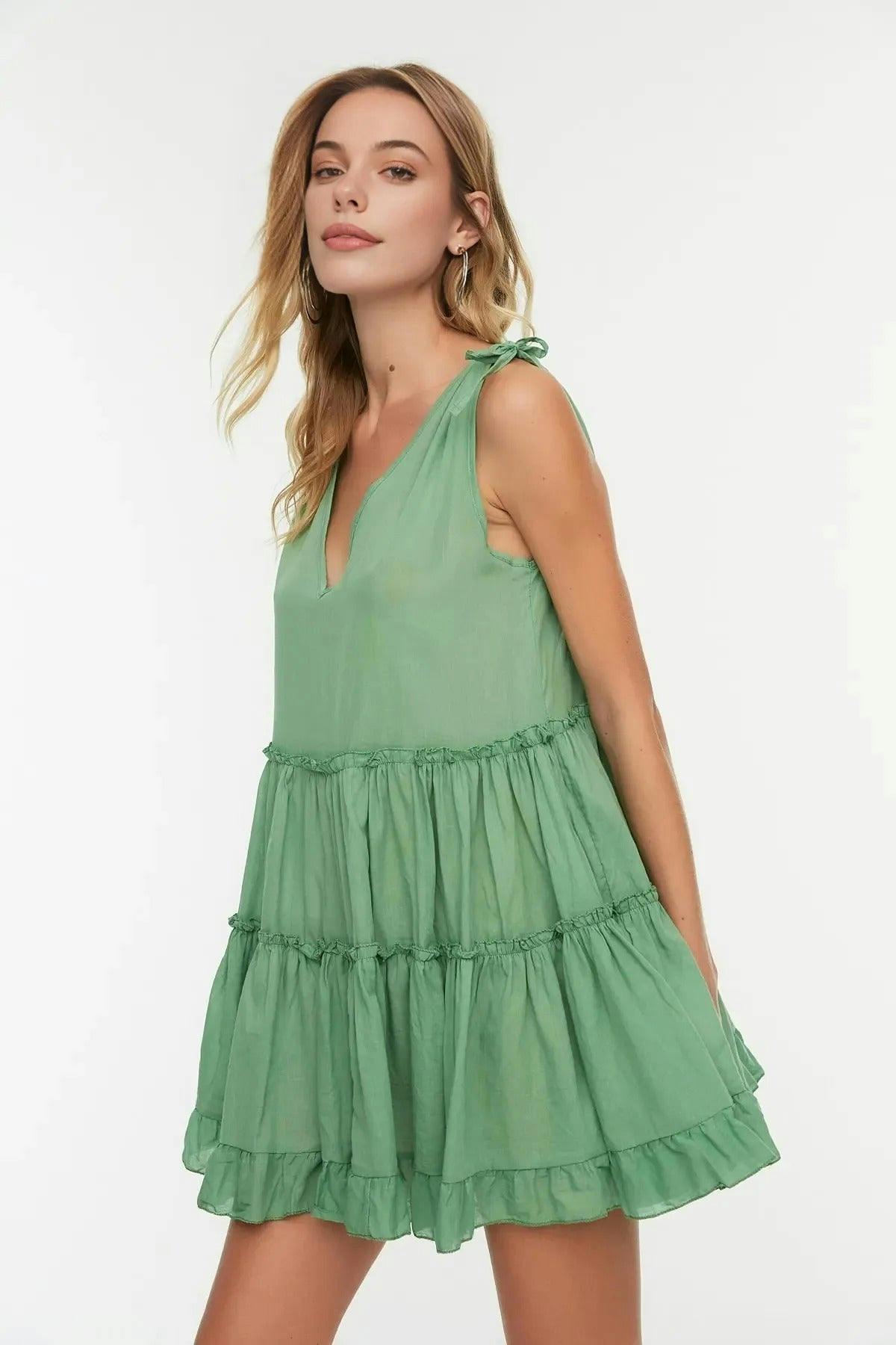 Wovcor Green 100% Cotton Woven Ruffled Mini Beach Dress - 10