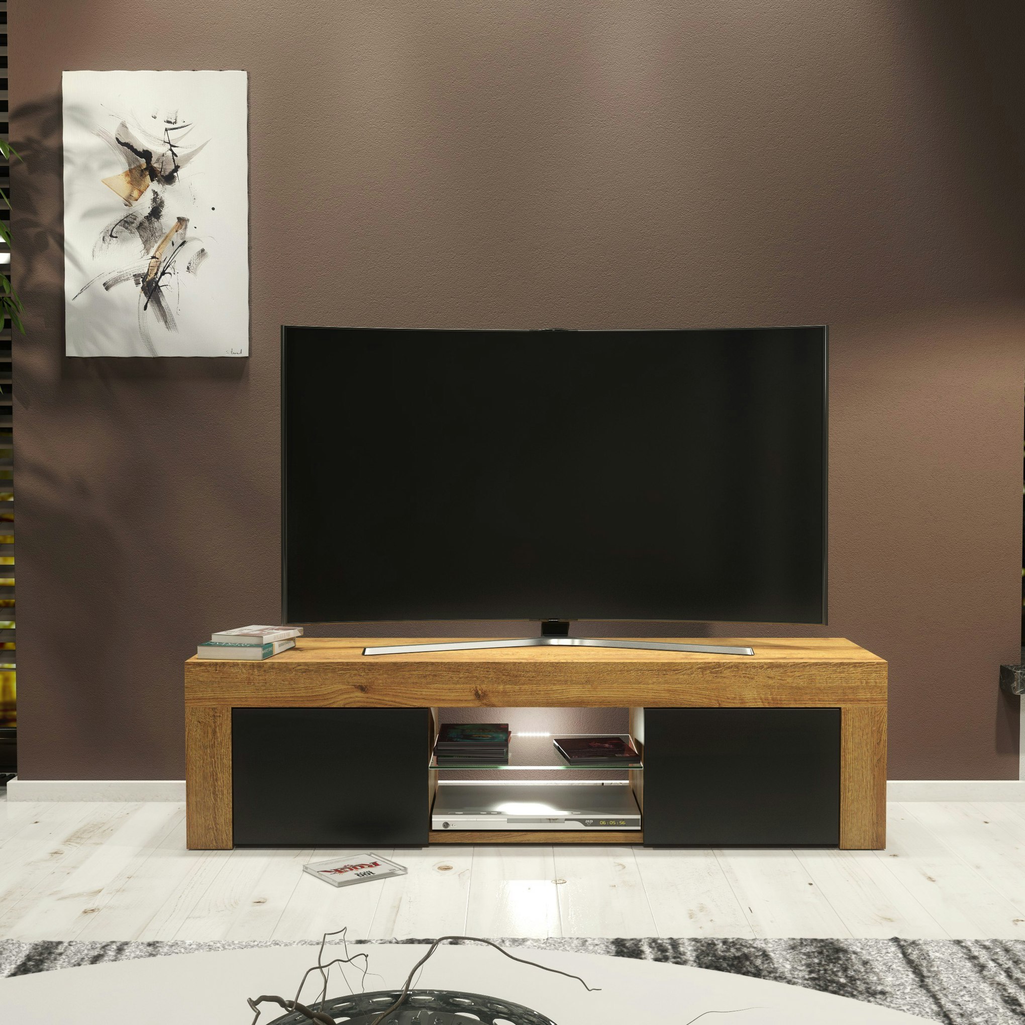 Rackhams Black 130Cm Oak Tv Unit Cabinet With Matt Doors And Free Led Lights - 130 - 1 - Mdf/Chipboard