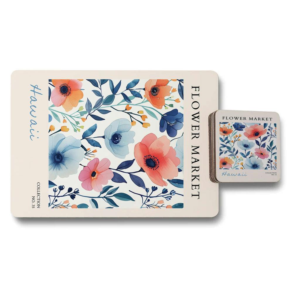 Rackhams Coral/Blue/Peach Flower Market Hawaii Collection Placemat And Coaster Set With Wood Base 12 Pieces Limited Edition