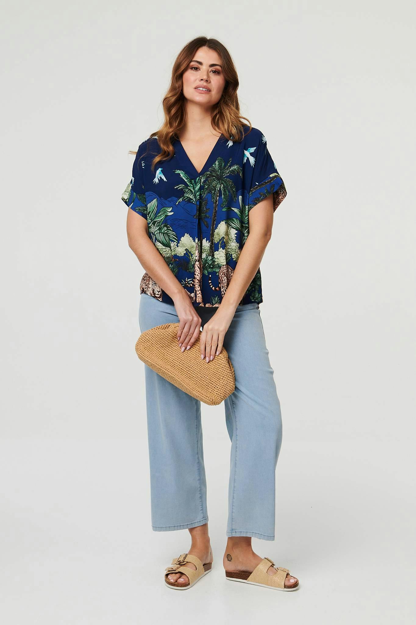 Izabel London Tropical Print Short Sleeve Relaxed Top - 12 - Navy